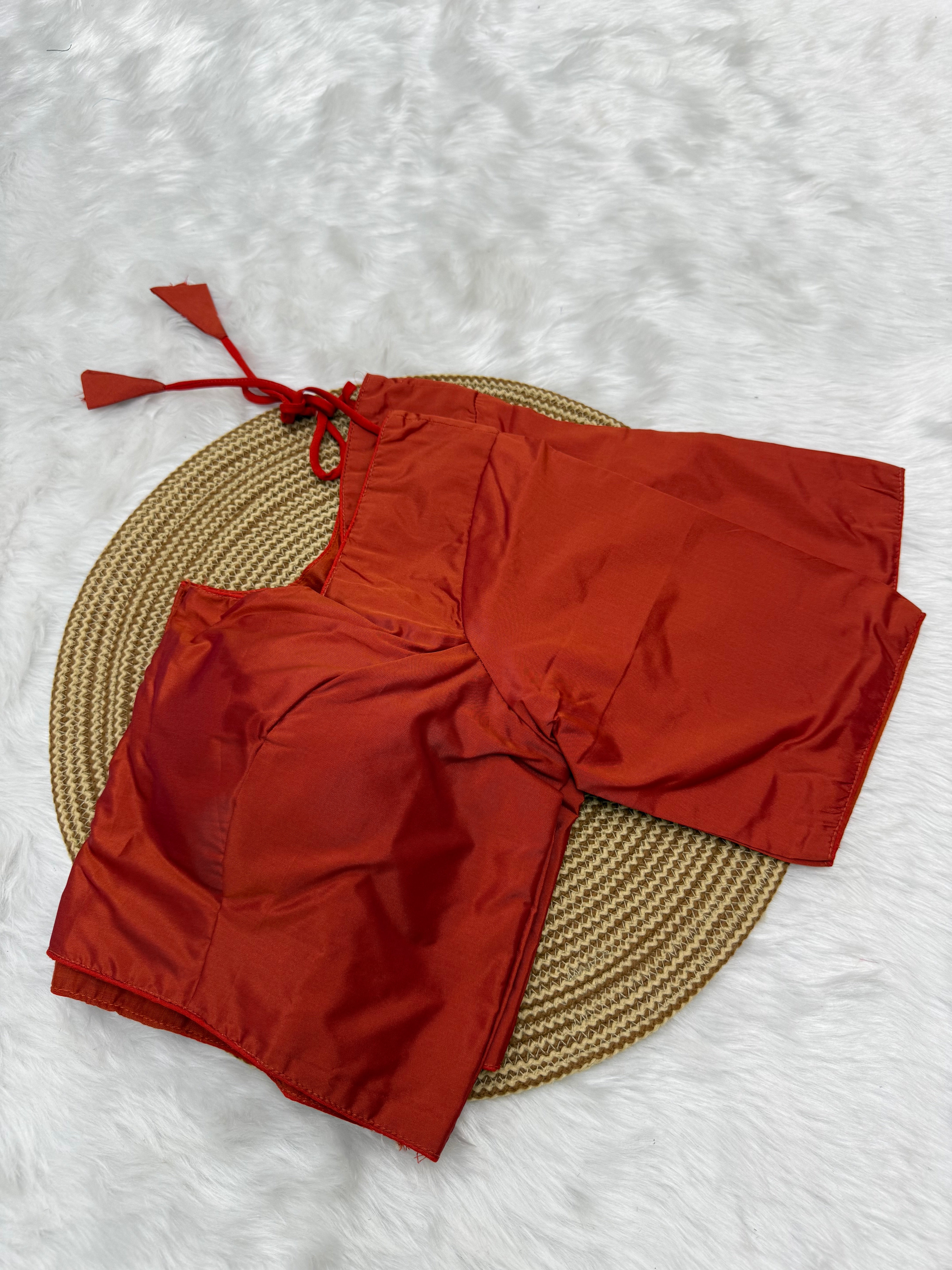 PLAIN SILK READY TO WEAR  SAREE BLOUSE - RUST RED