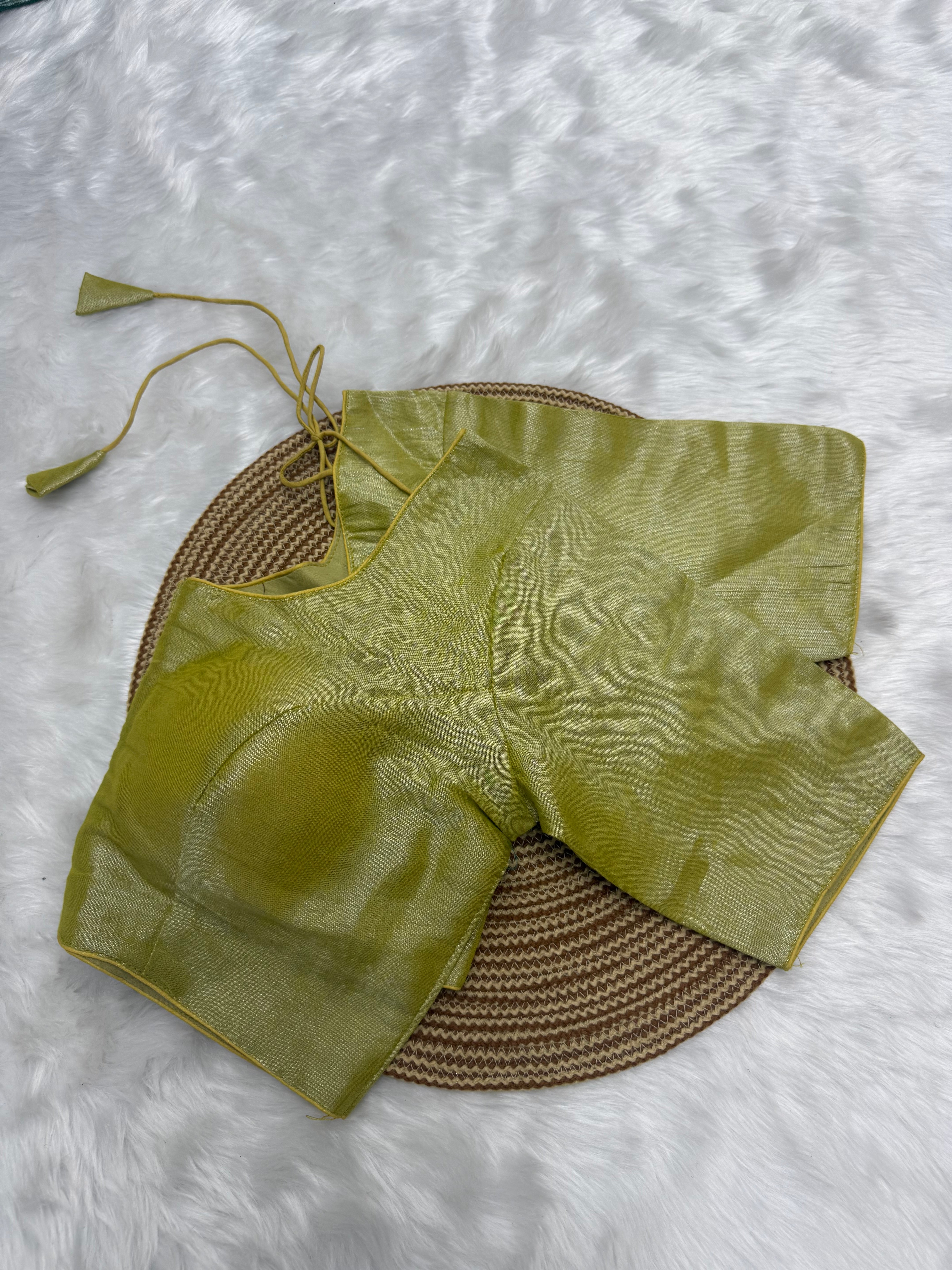 PLAIN SILK COTTON READY TO WEAR  SAREE BLOUSE - LIME GREEN & SILVER