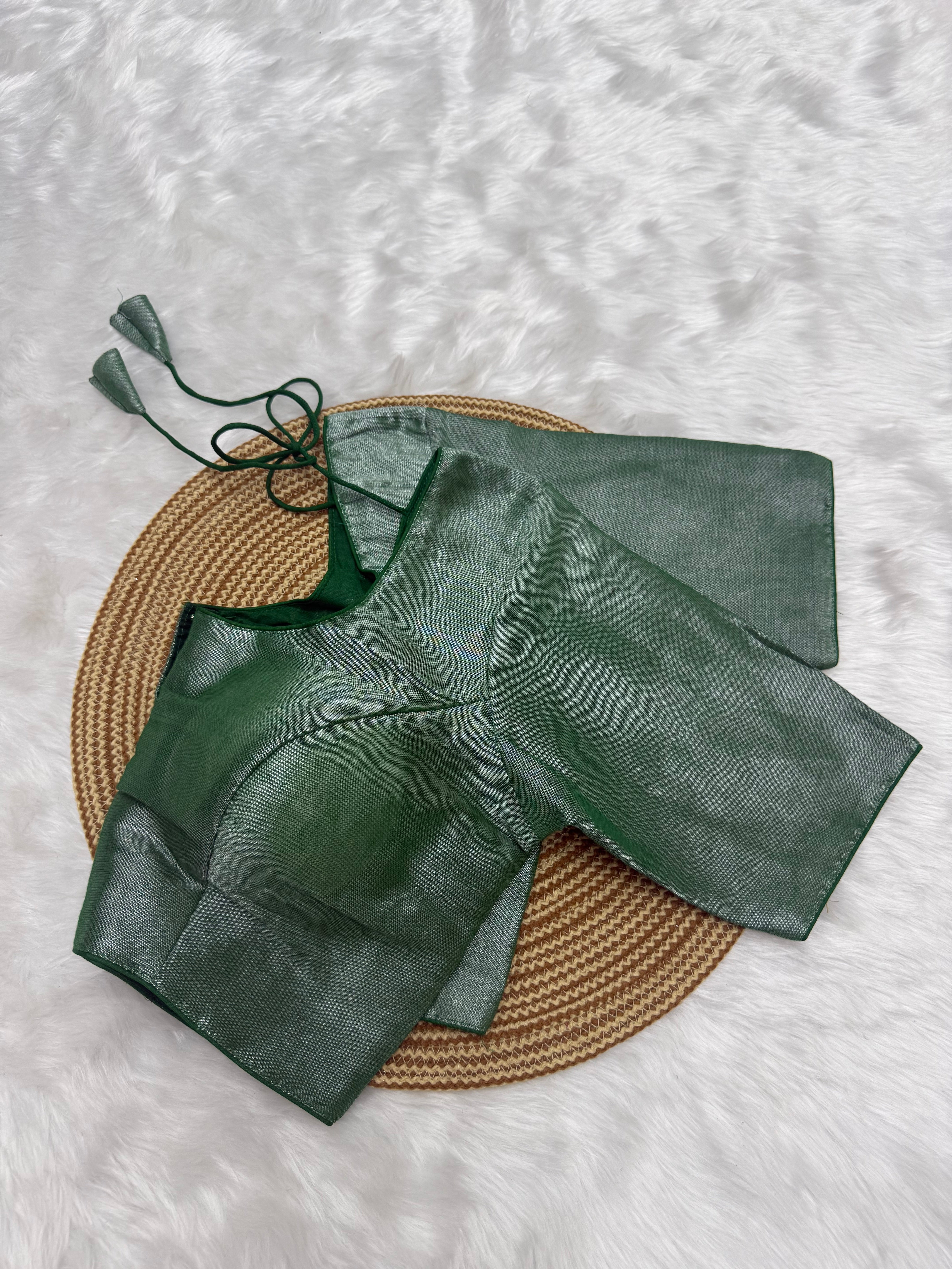 PLAIN SILK COTTON READY TO WEAR  SAREE BLOUSE - GREEN & SILVER