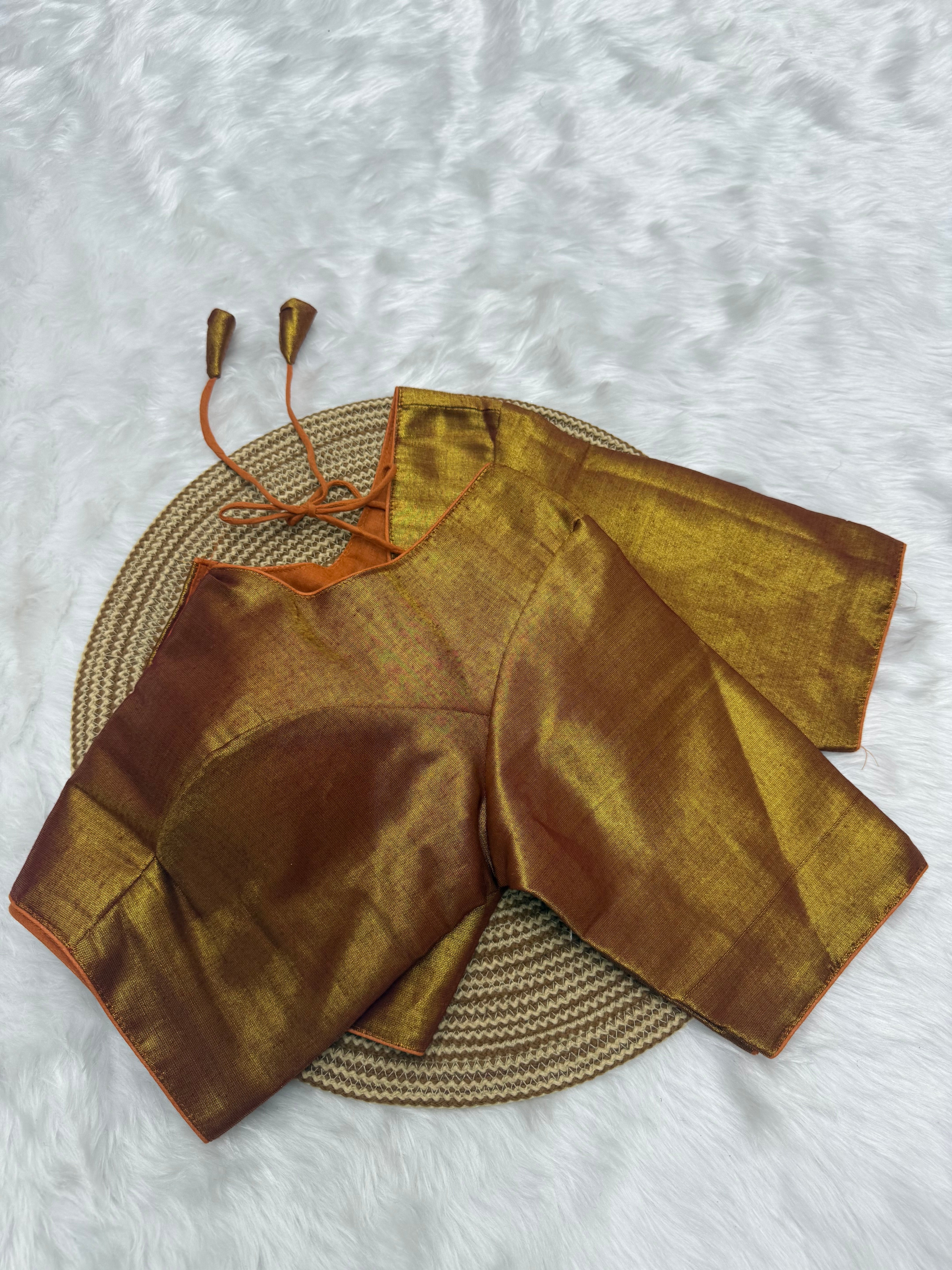 PLAIN SILK COTTON READY TO WEAR  SAREE BLOUSE - ORANGE & GOLD