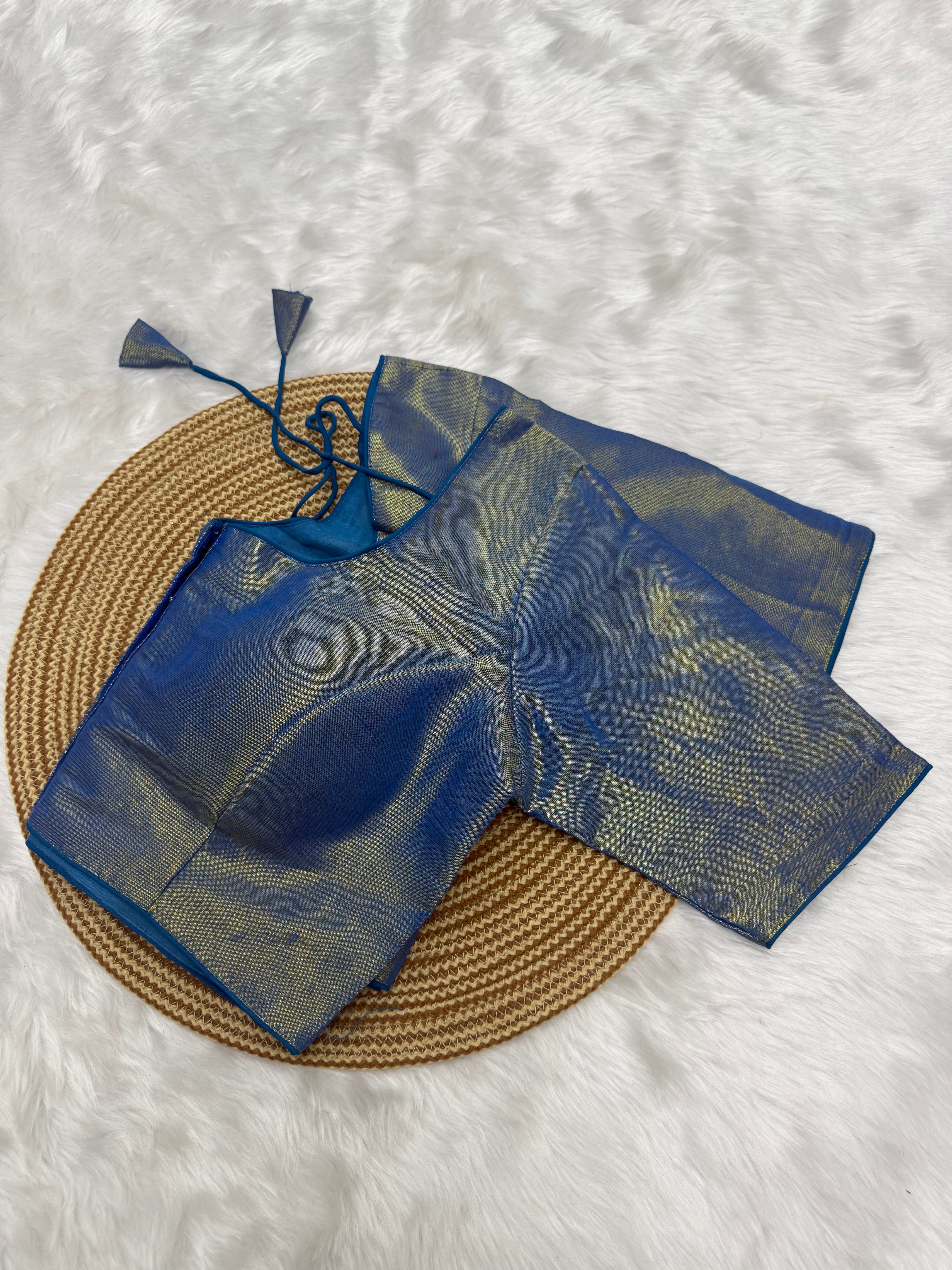 PLAIN SILK COTTON READY TO WEAR  SAREE BLOUSE - BLUE & COPPER