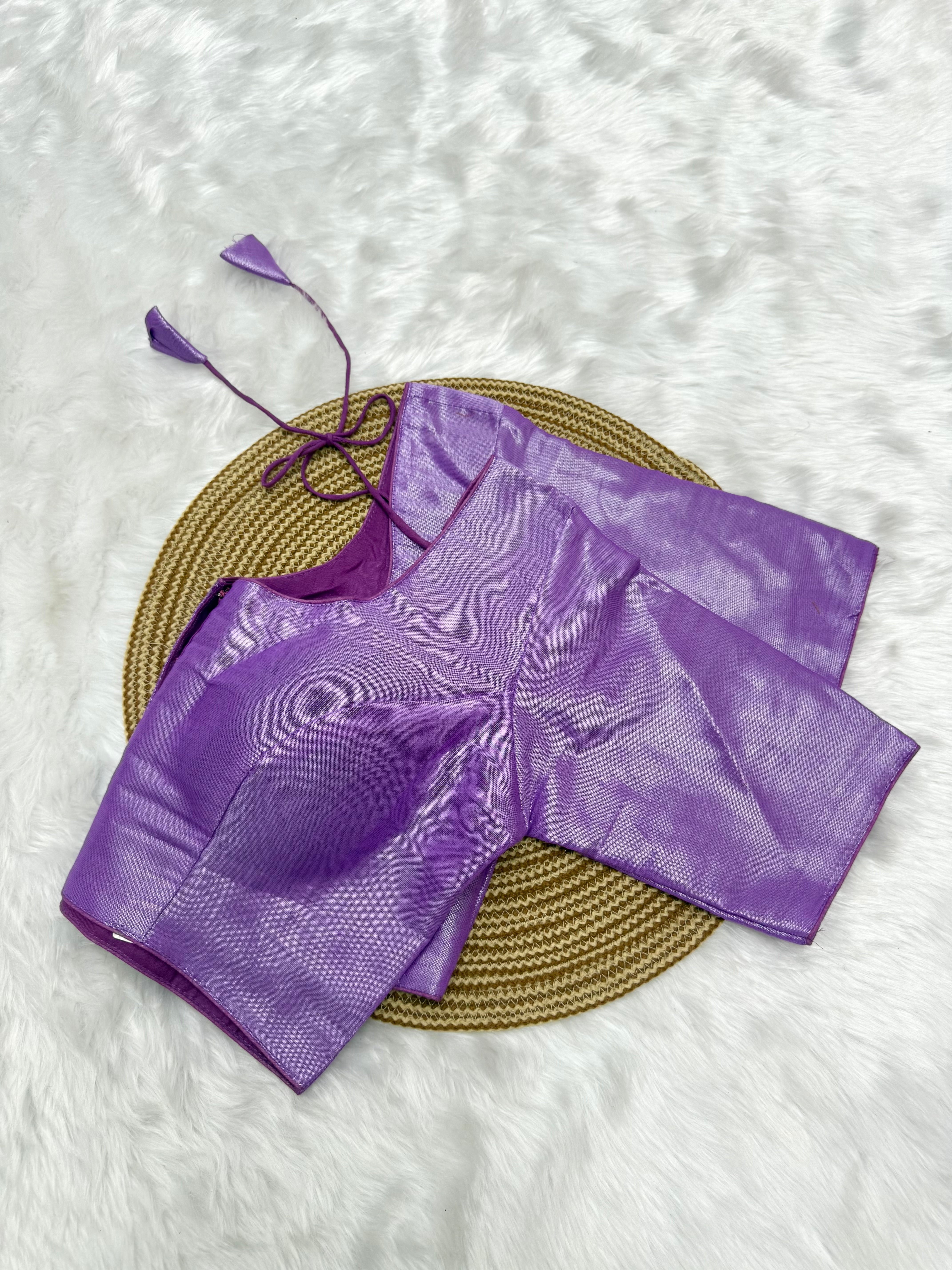 PLAIN SILK COTTON READY TO WEAR  SAREE BLOUSE - VIOLET & SILVER