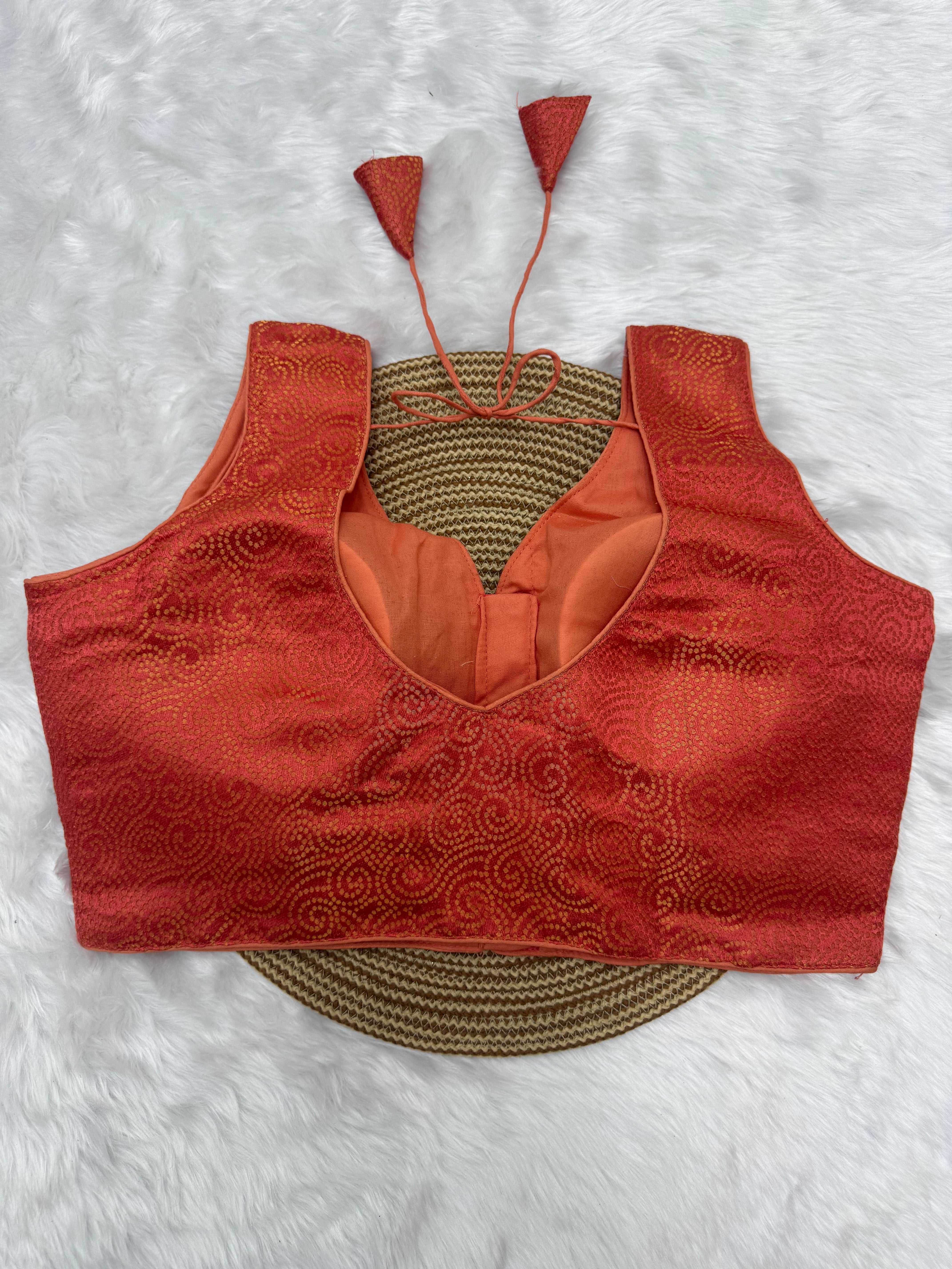 SLEEVELESS JACQUARD READYMADE SAREE BLOUSE - BURNT PEACH