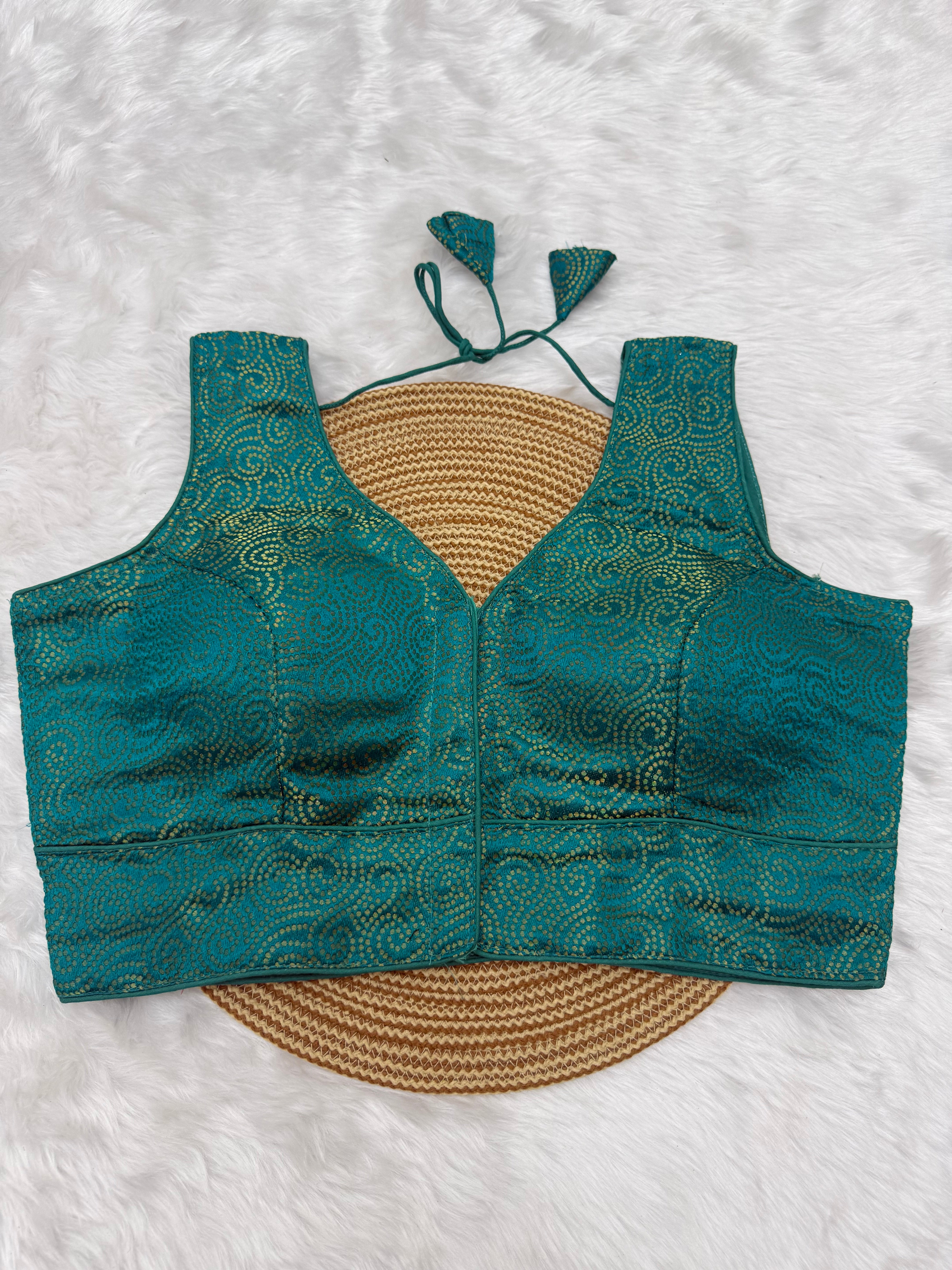 SLEEVELESS JACQUARD READYMADE SAREE BLOUSE -TEAL