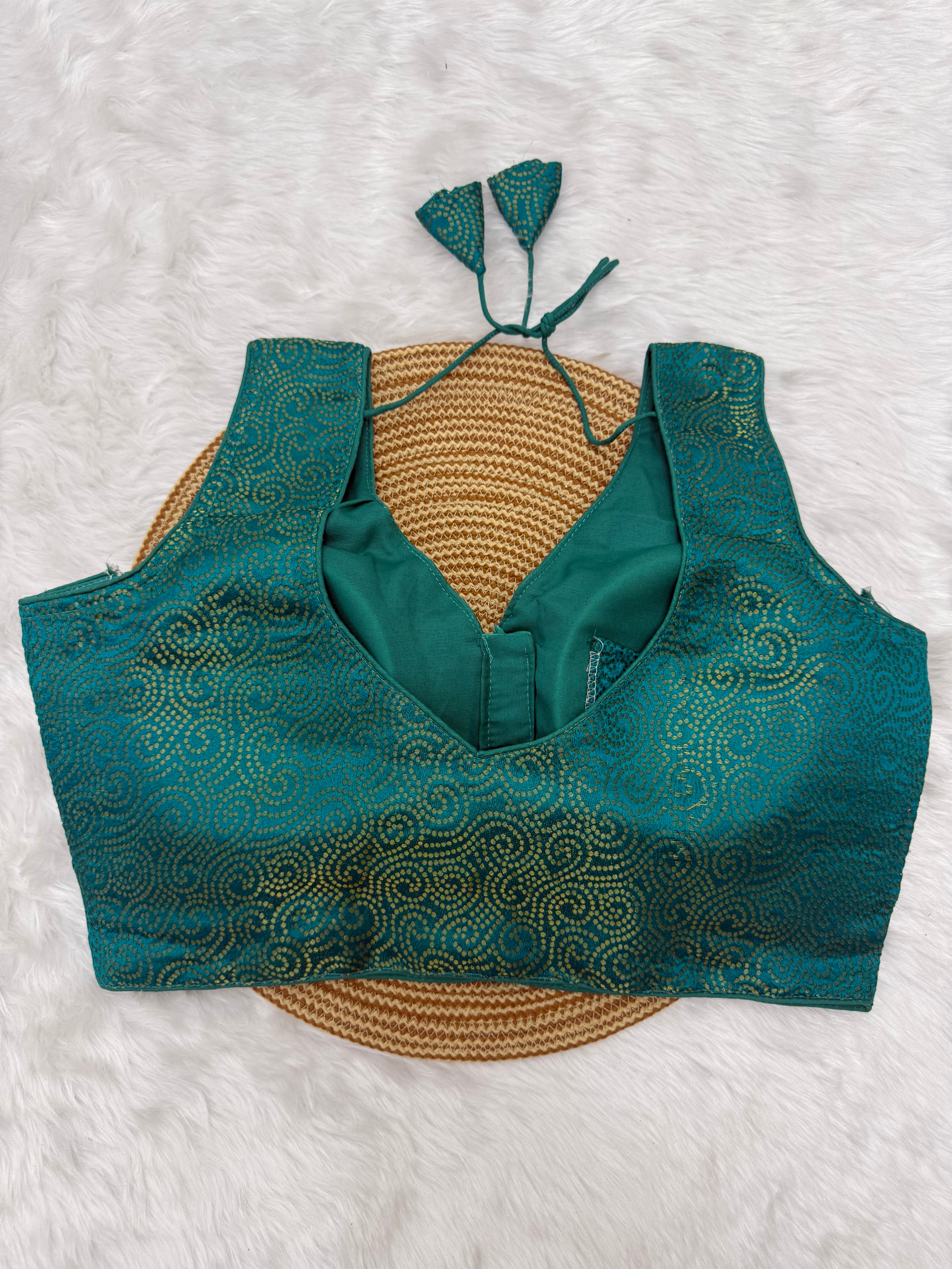 SLEEVELESS JACQUARD READYMADE SAREE BLOUSE -TEAL