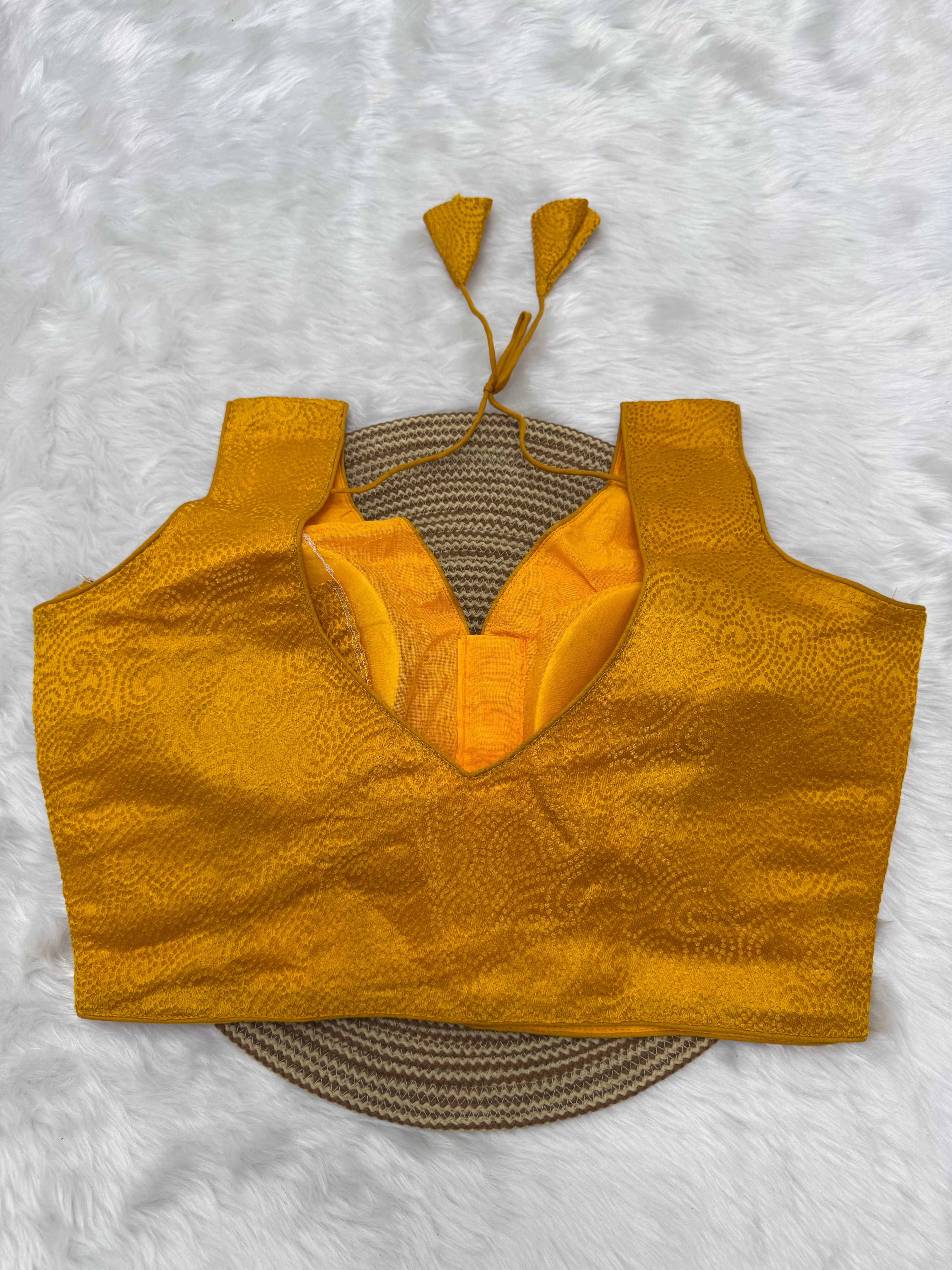 SLEEVELESS JACQUARD READYMADE SAREE BLOUSE - YELLOW