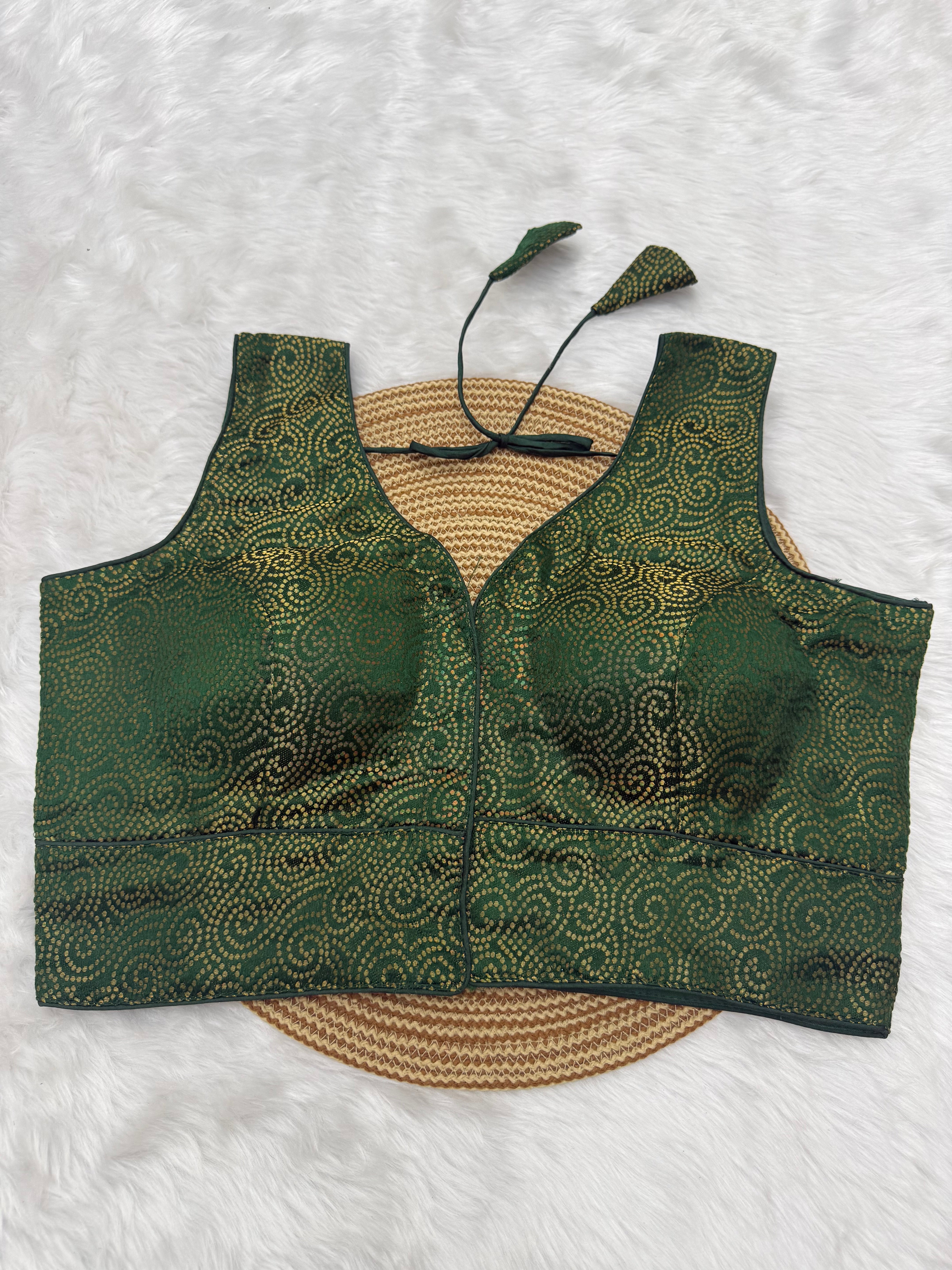 SLEEVELESS JACQUARD READYMADE SAREE BLOUSE - GREEN