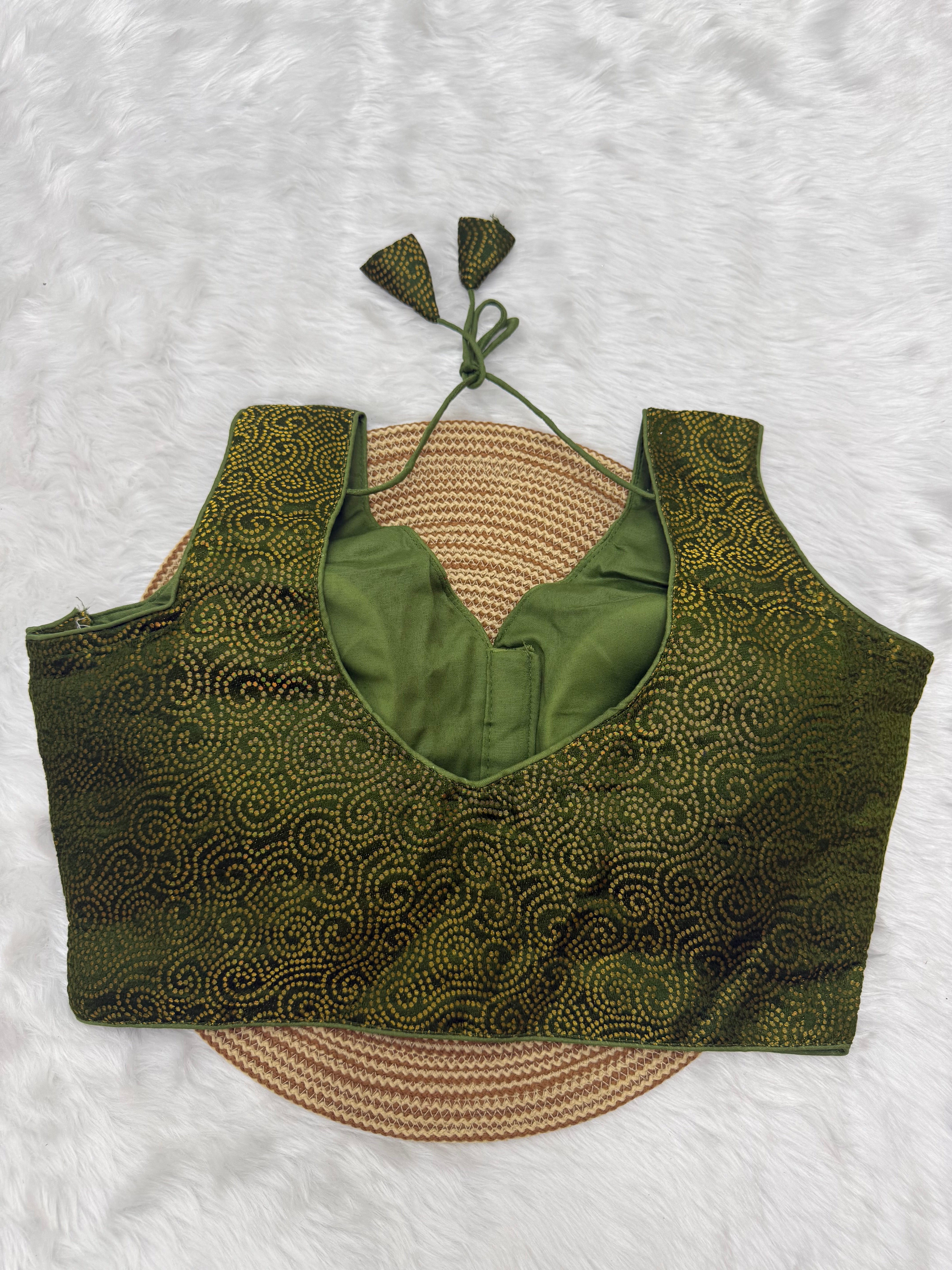 SLEEVELESS JACQUARD READYMADE SAREE BLOUSE - GREEN