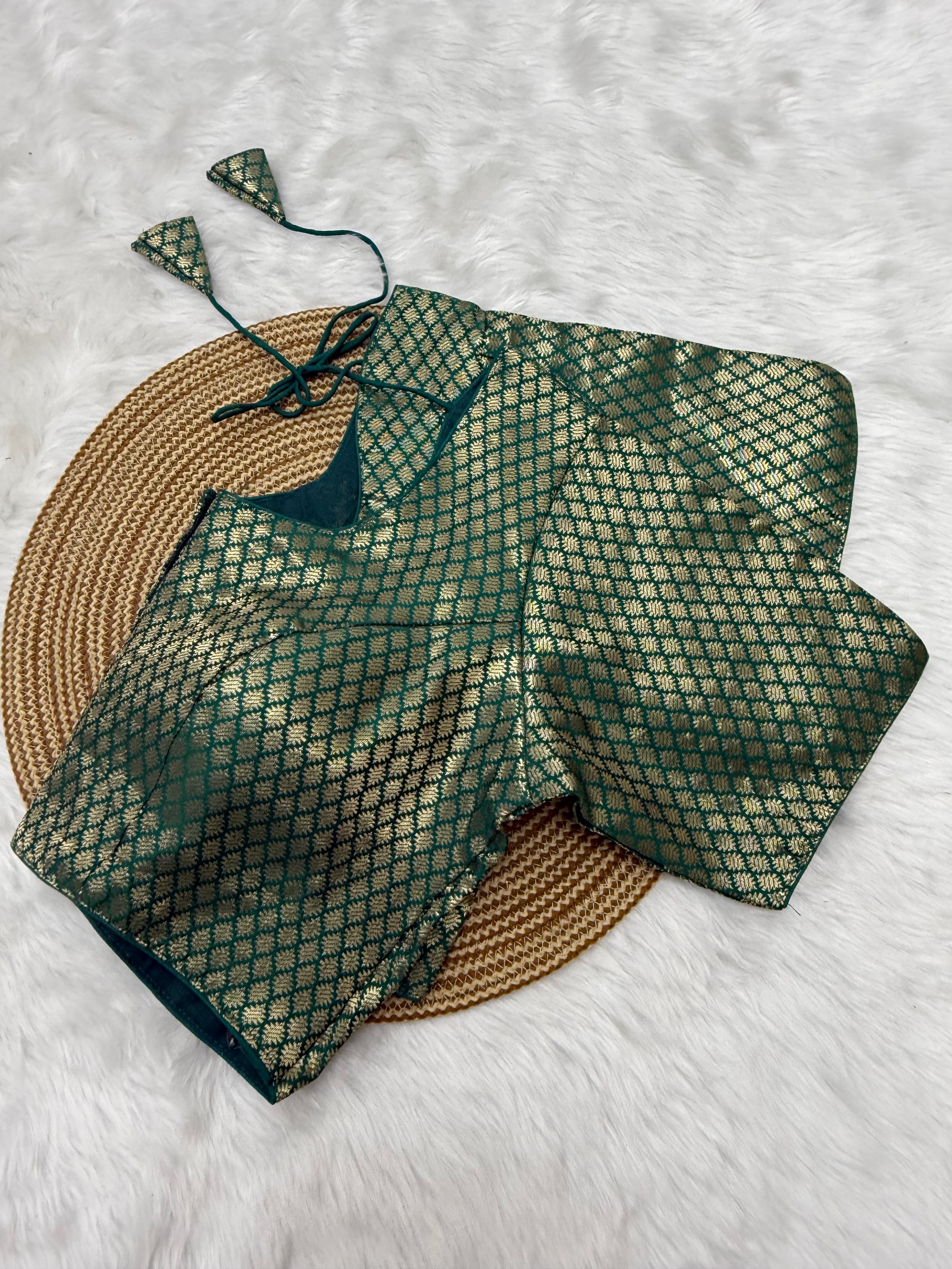 JACQUARD READY TO WEAR SAREE BLOUSE - TEAL GREEN