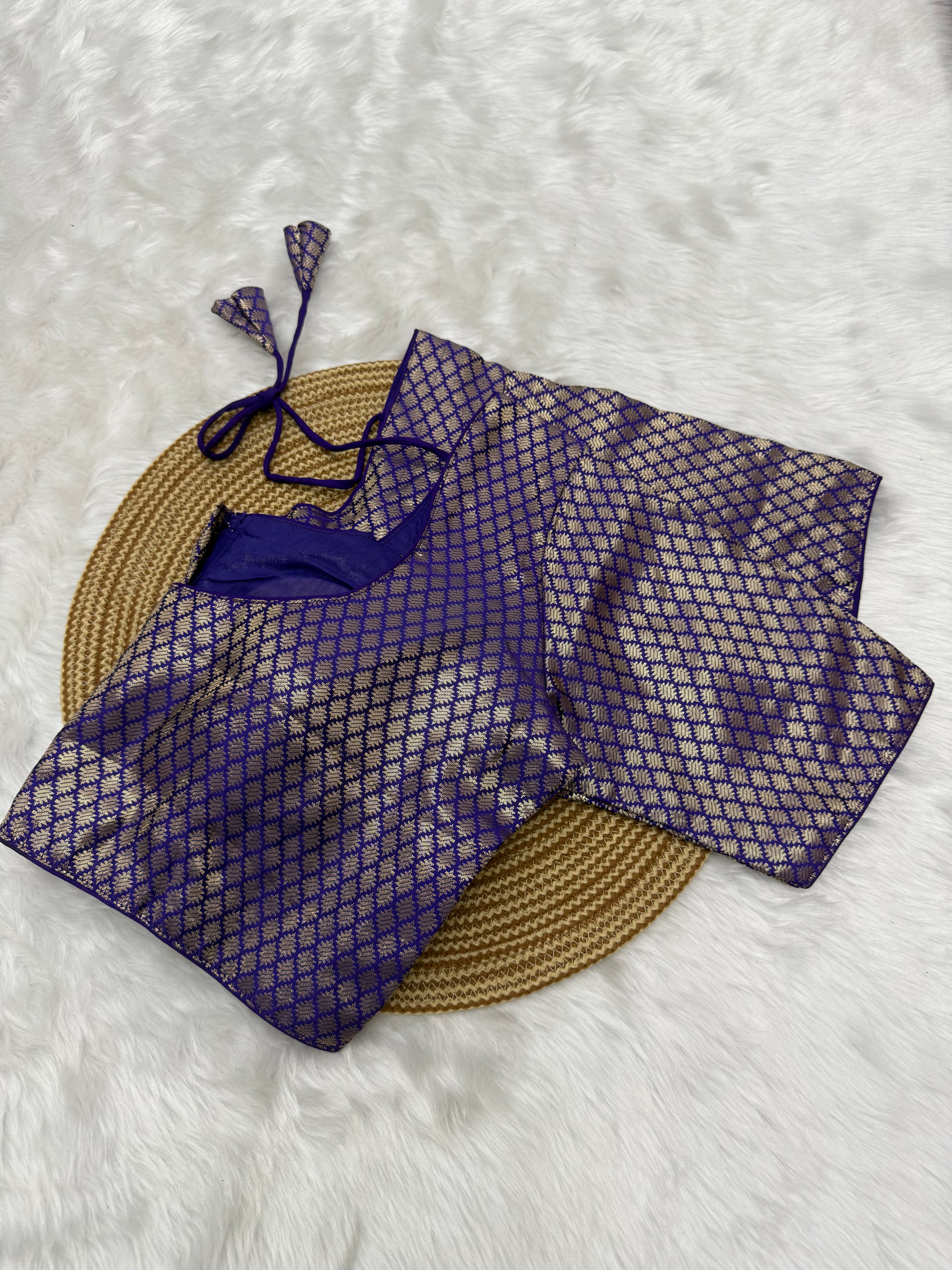 JACQUARD READY TO WEAR SAREE BLOUSE - NAVY BLUE