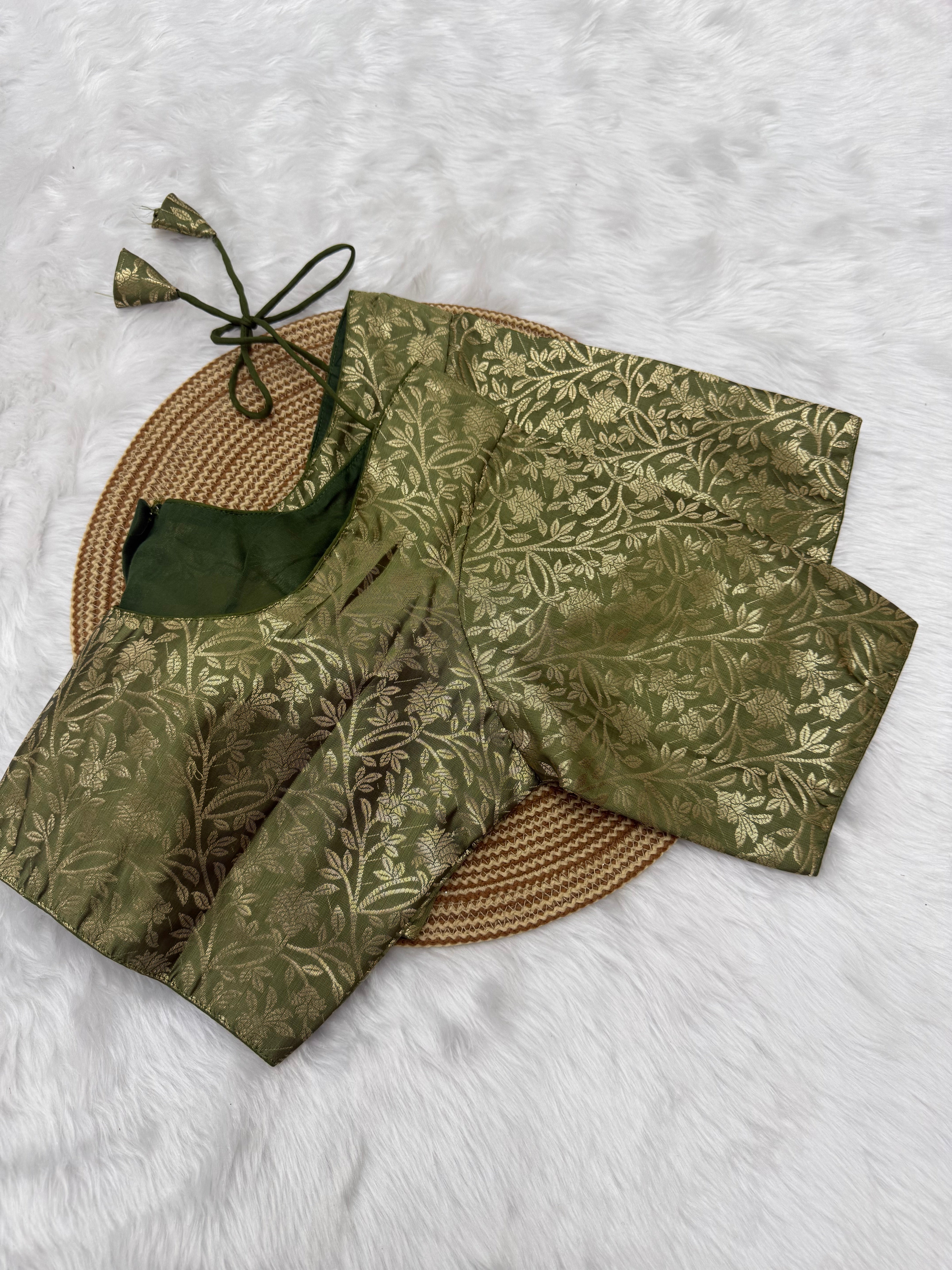 JACQUARD READY TO WEAR SAREE BLOUSE - OLIVE GREEN