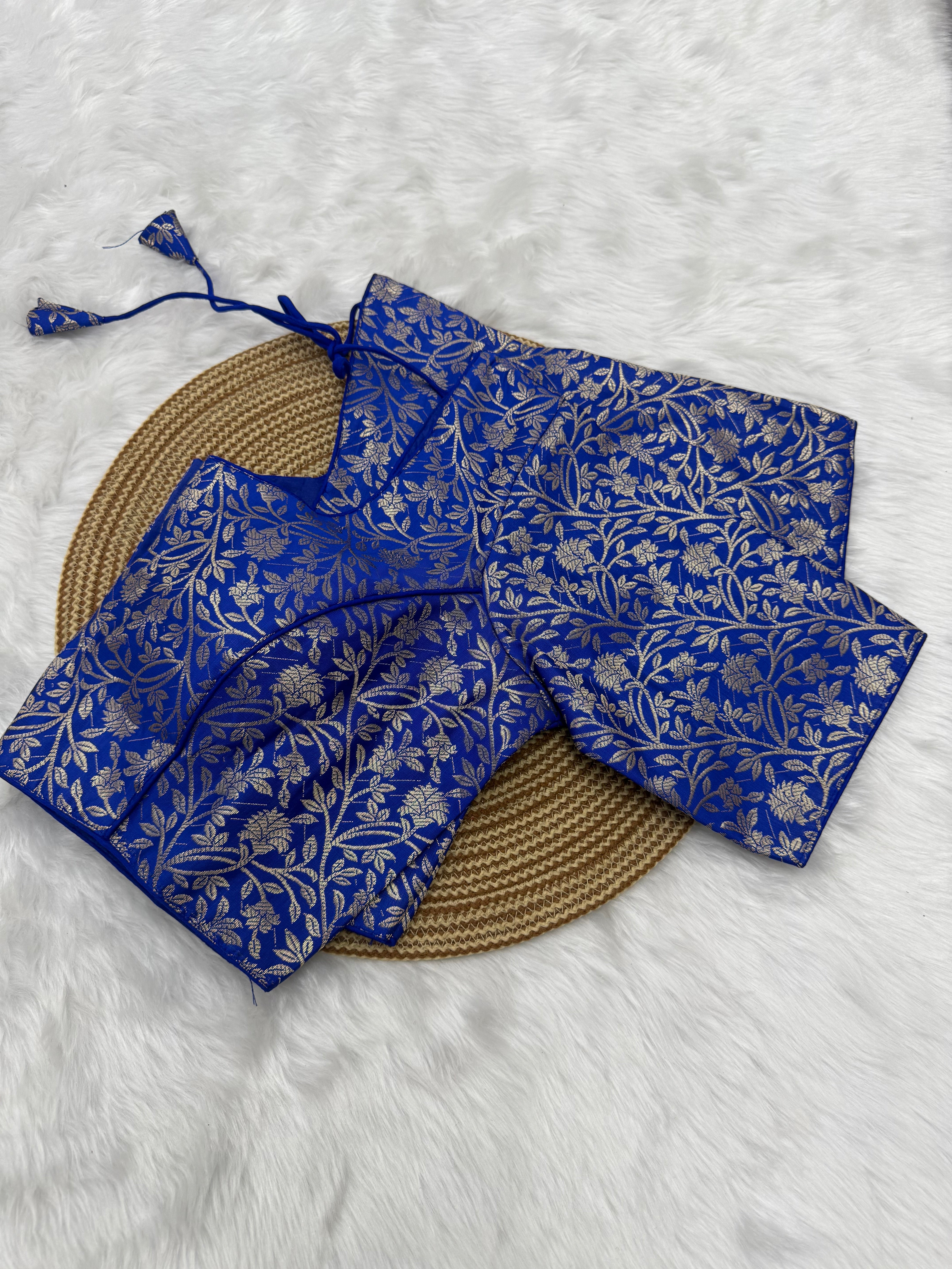 JACQUARD READY TO WEAR SAREE BLOUSE - ROYAL BLUE
