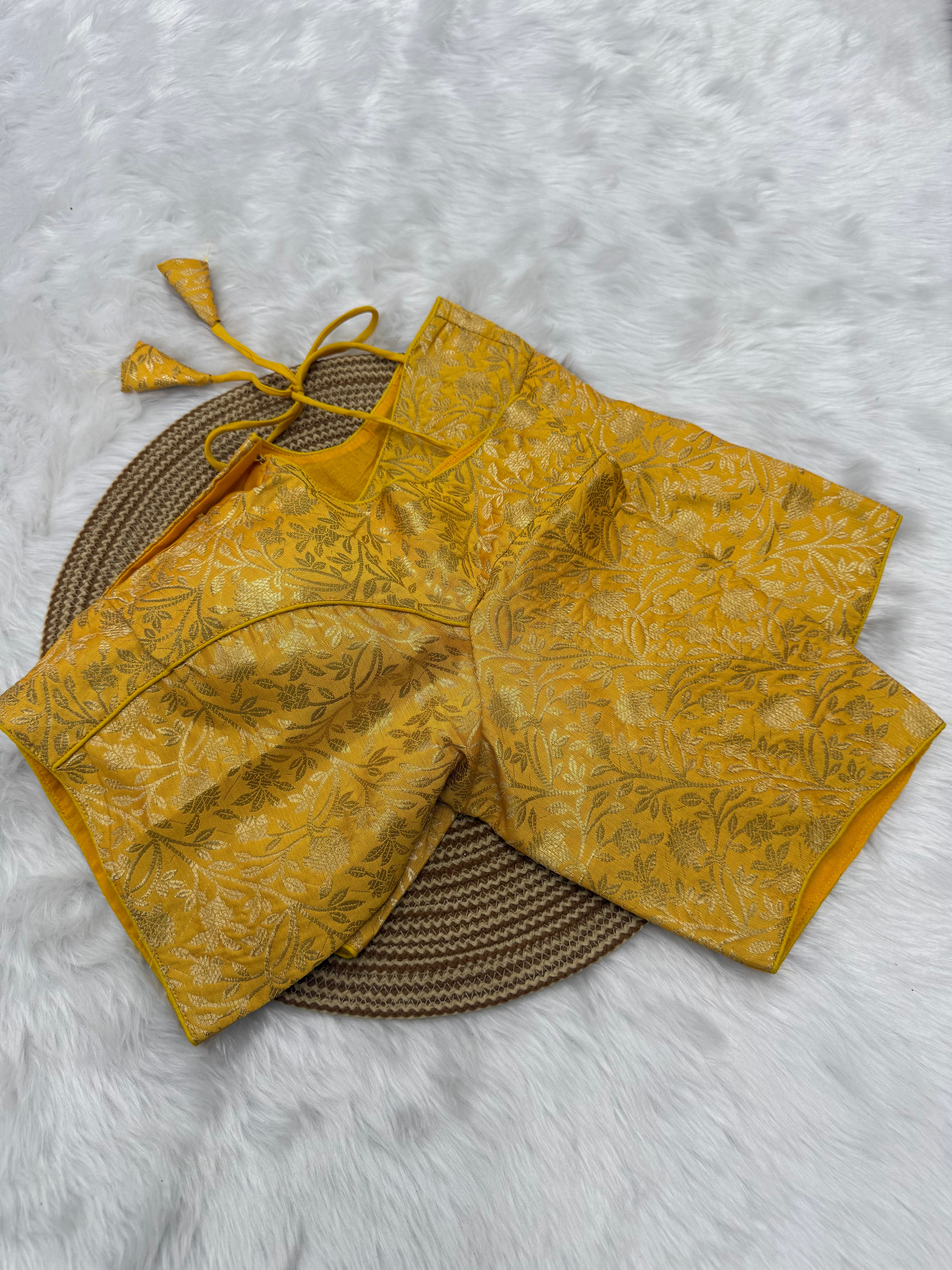 JACQUARD READY TO WEAR SAREE BLOUSE - YELLOW