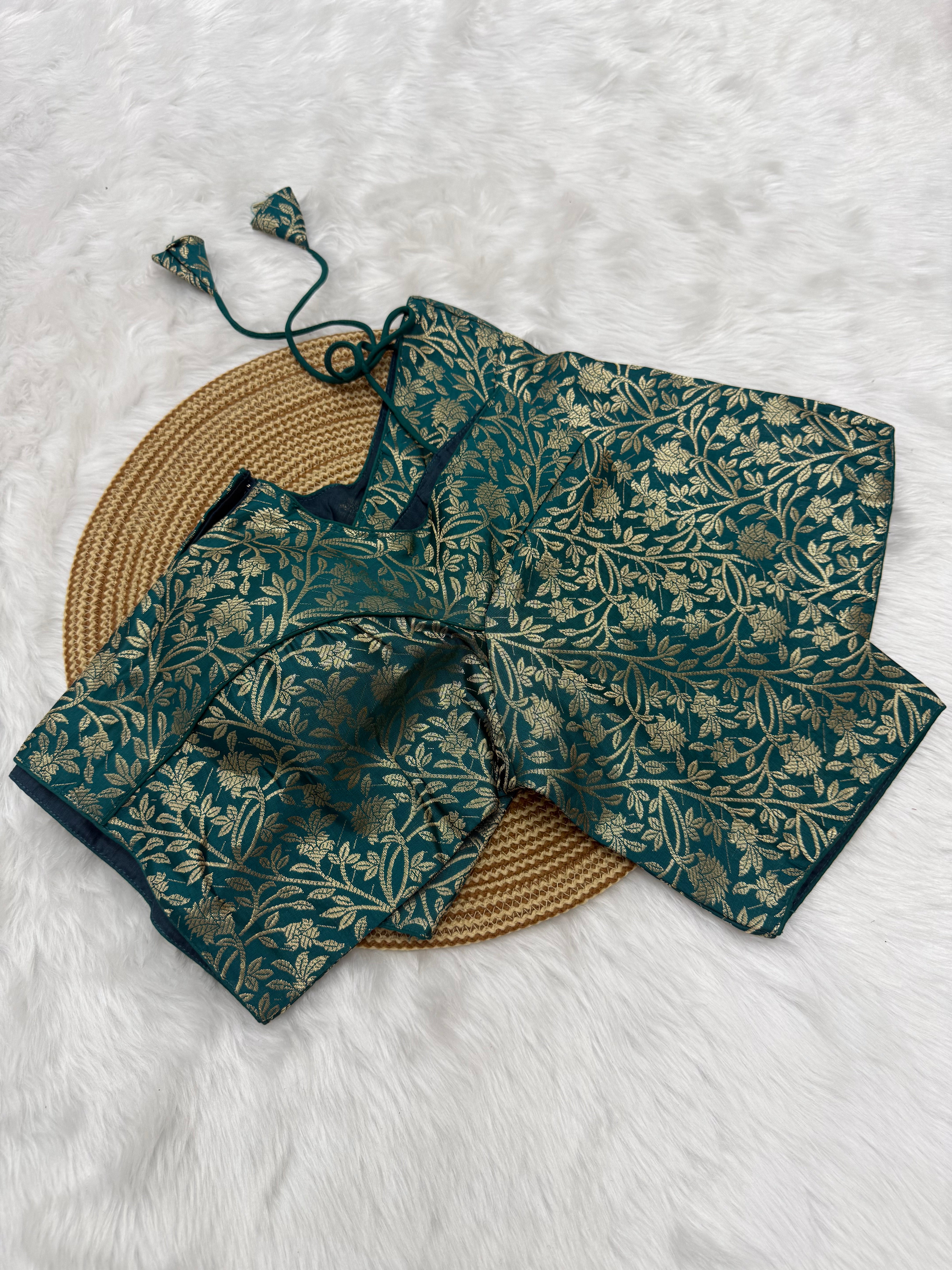 JACQUARD READY TO WEAR SAREE BLOUSE - TEAL GREEN
