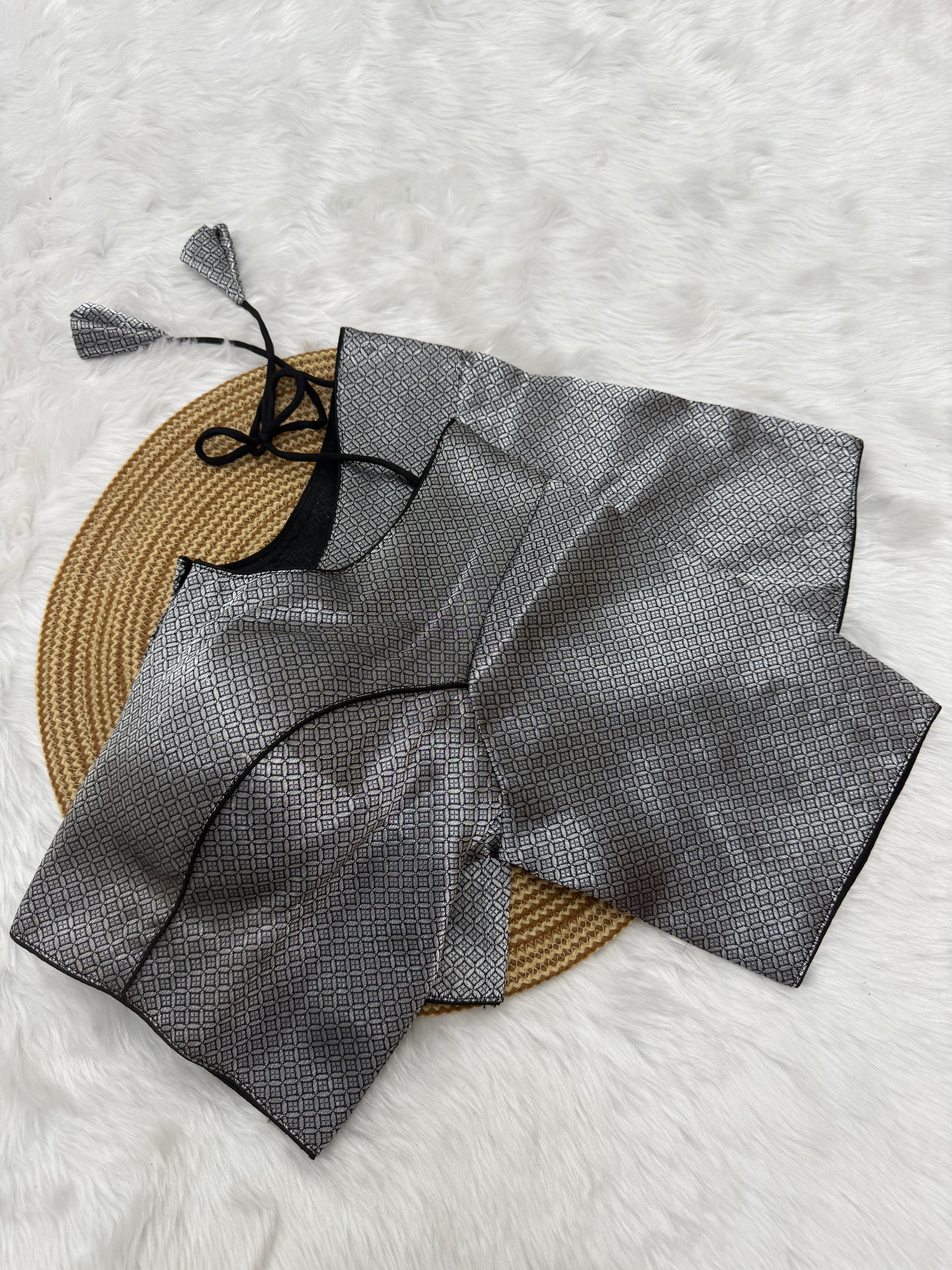DESIGNER JACQUARD READY TO WEAR SAREE BLOUSE - SILVER & BLACK