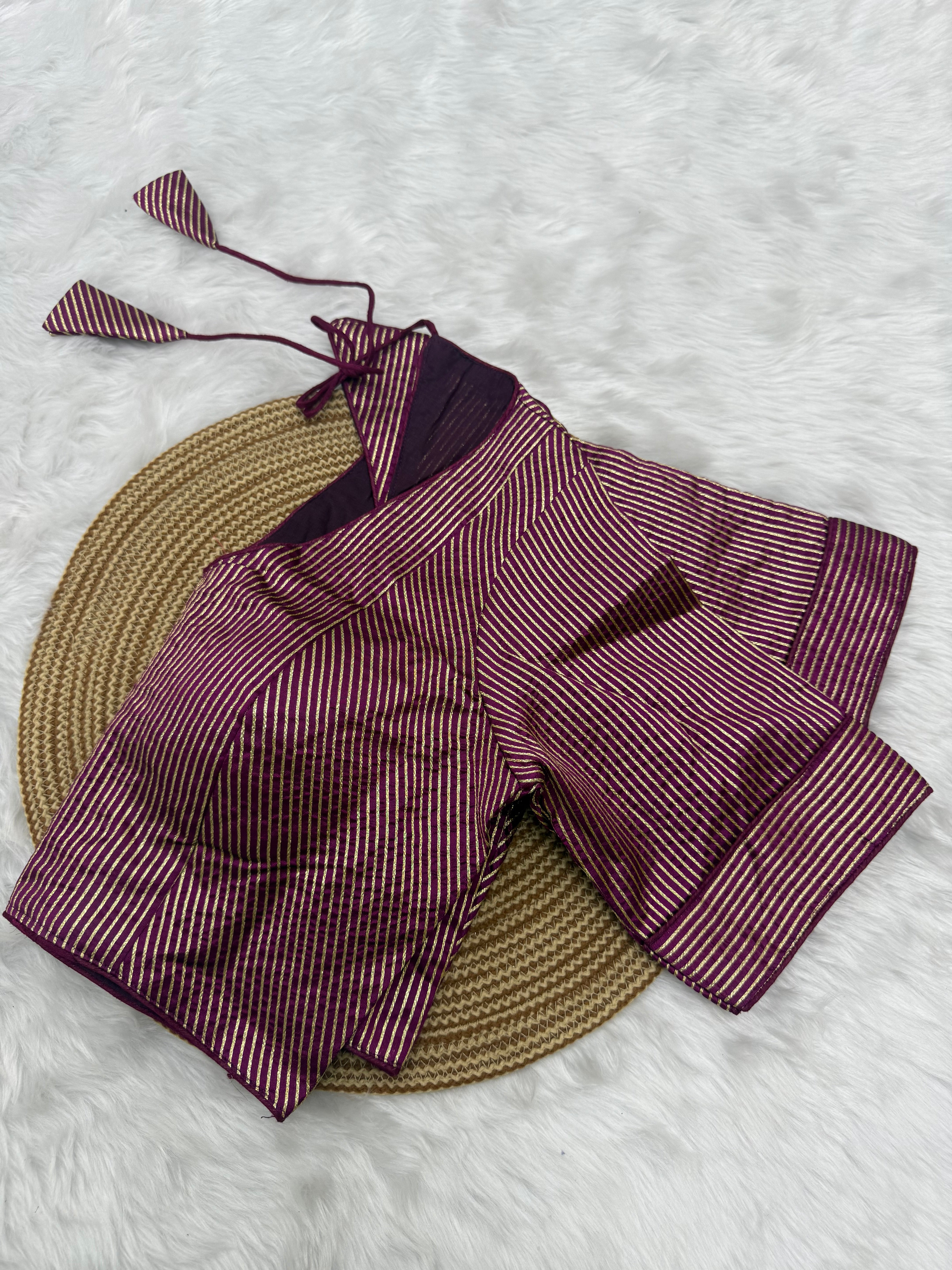 DESIGNER GOLD STRIPE SILK READYMADE BLOUSE - BURGUNDY