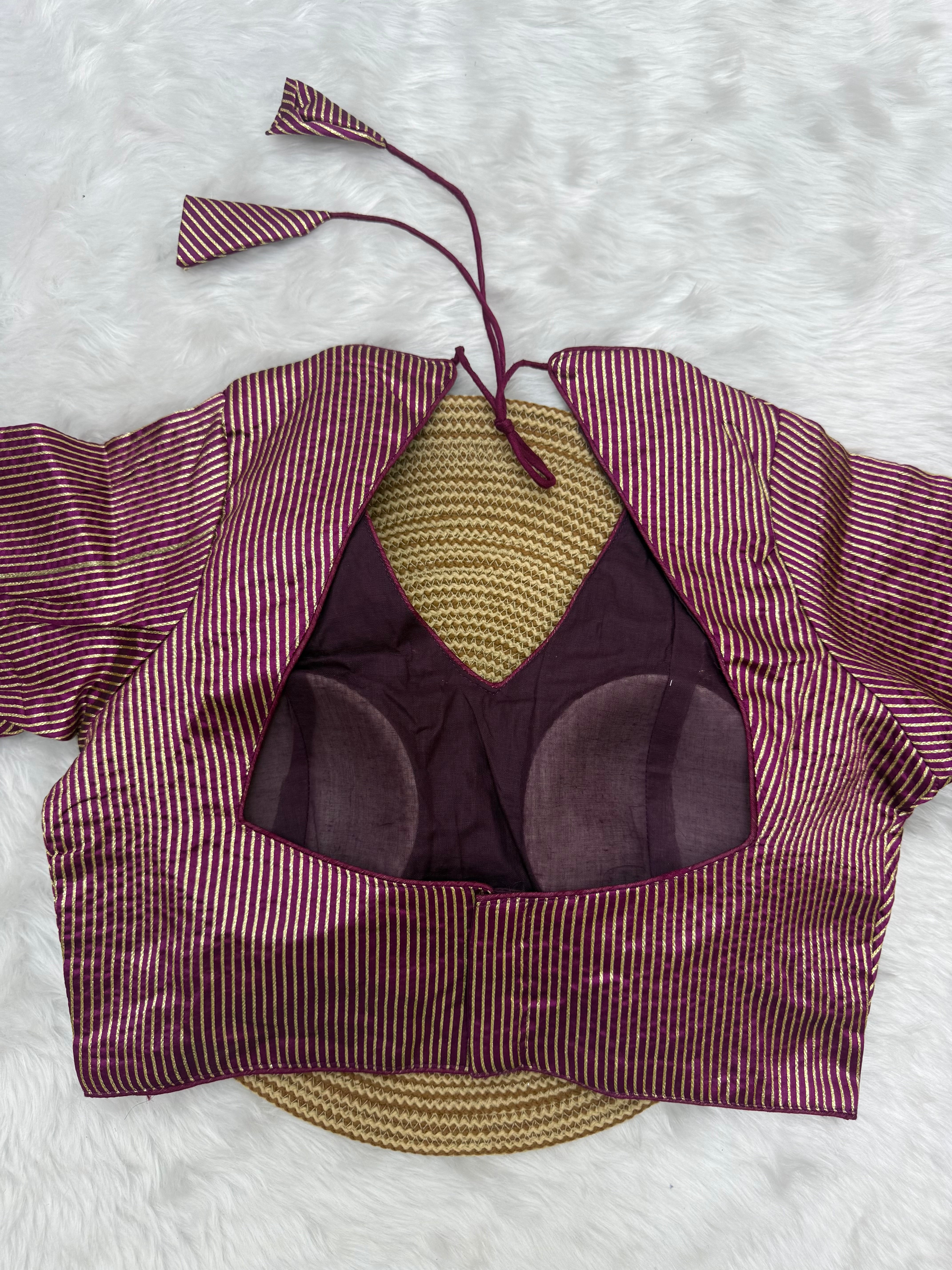 DESIGNER GOLD STRIPE SILK READYMADE BLOUSE - BURGUNDY