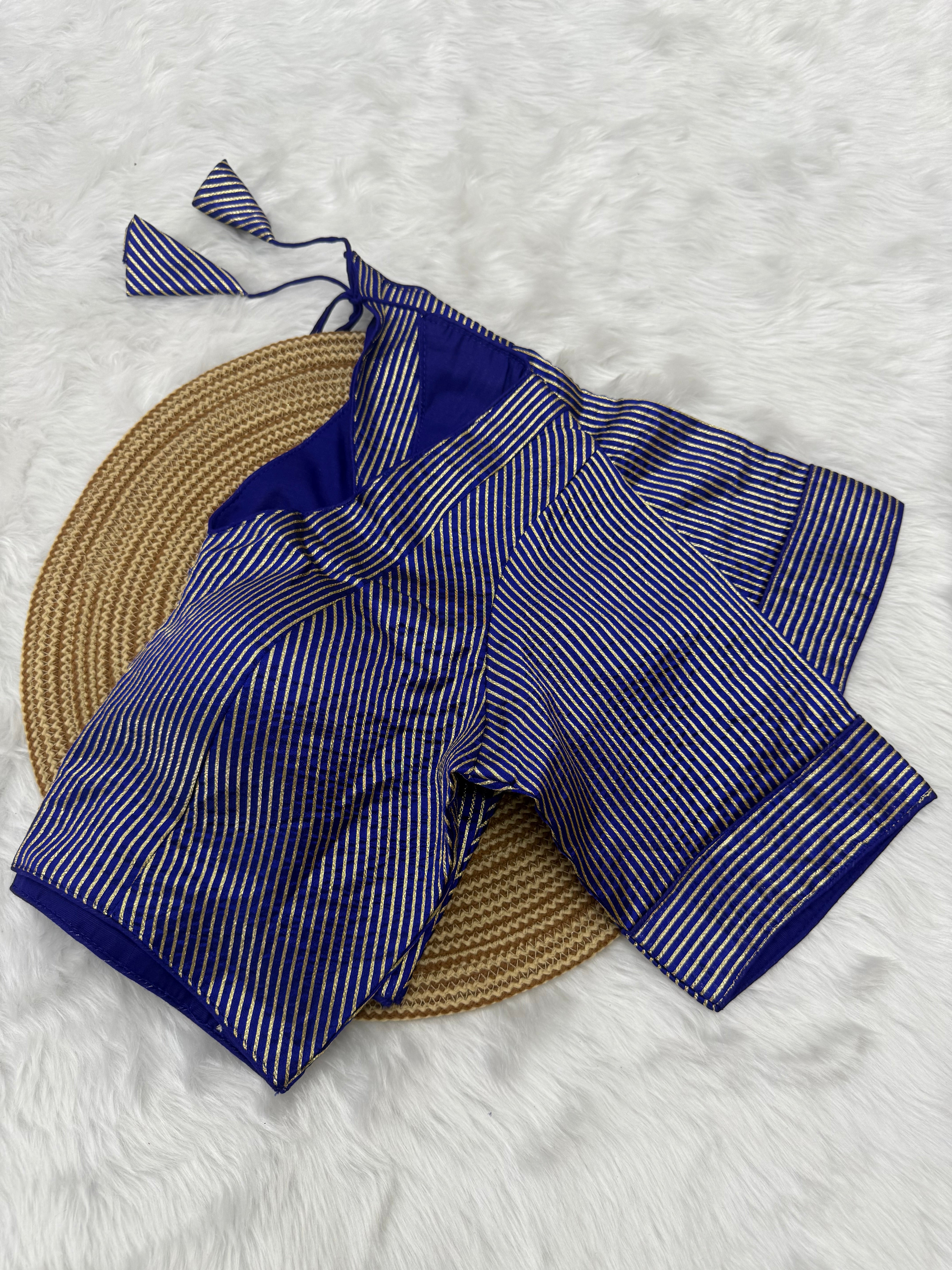 DESIGNER GOLD STRIPE SILK READYMADE BLOUSE - BLUE