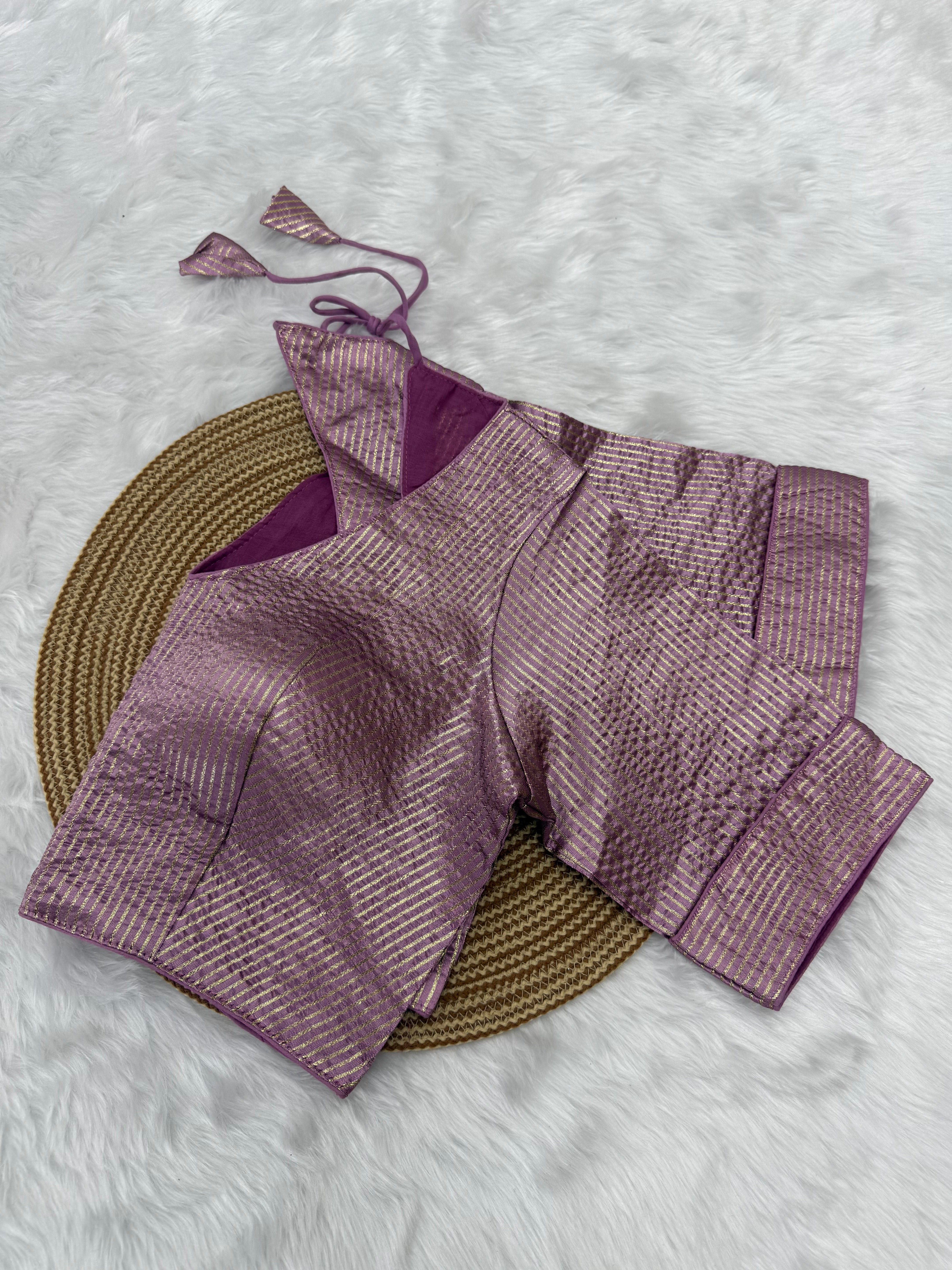 DESIGNER GOLD STRIPE SILK READYMADE BLOUSE - MAUVE PINK