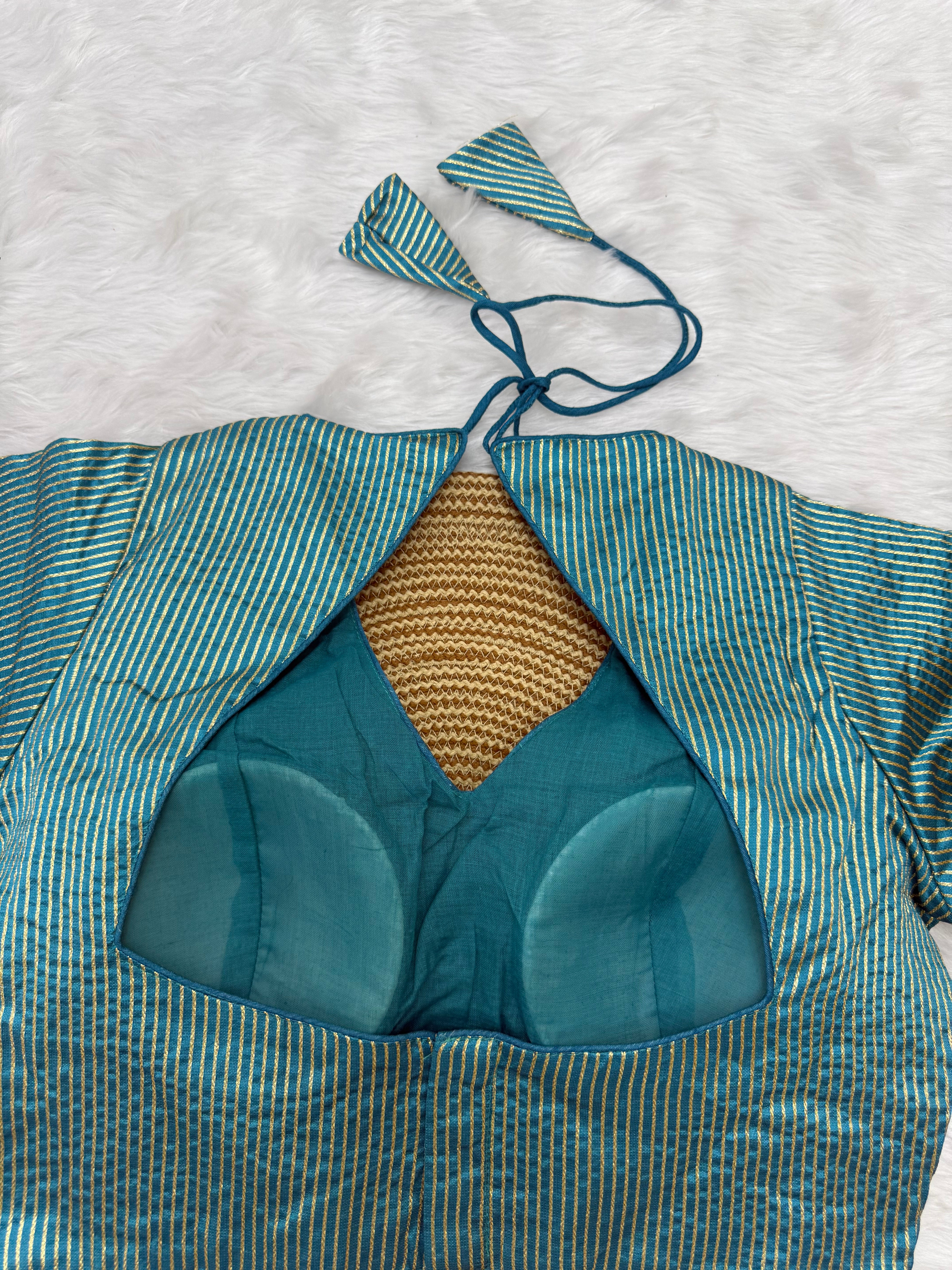 DESIGNER GOLD STRIPE SILK READYMADE BLOUSE - TEAL