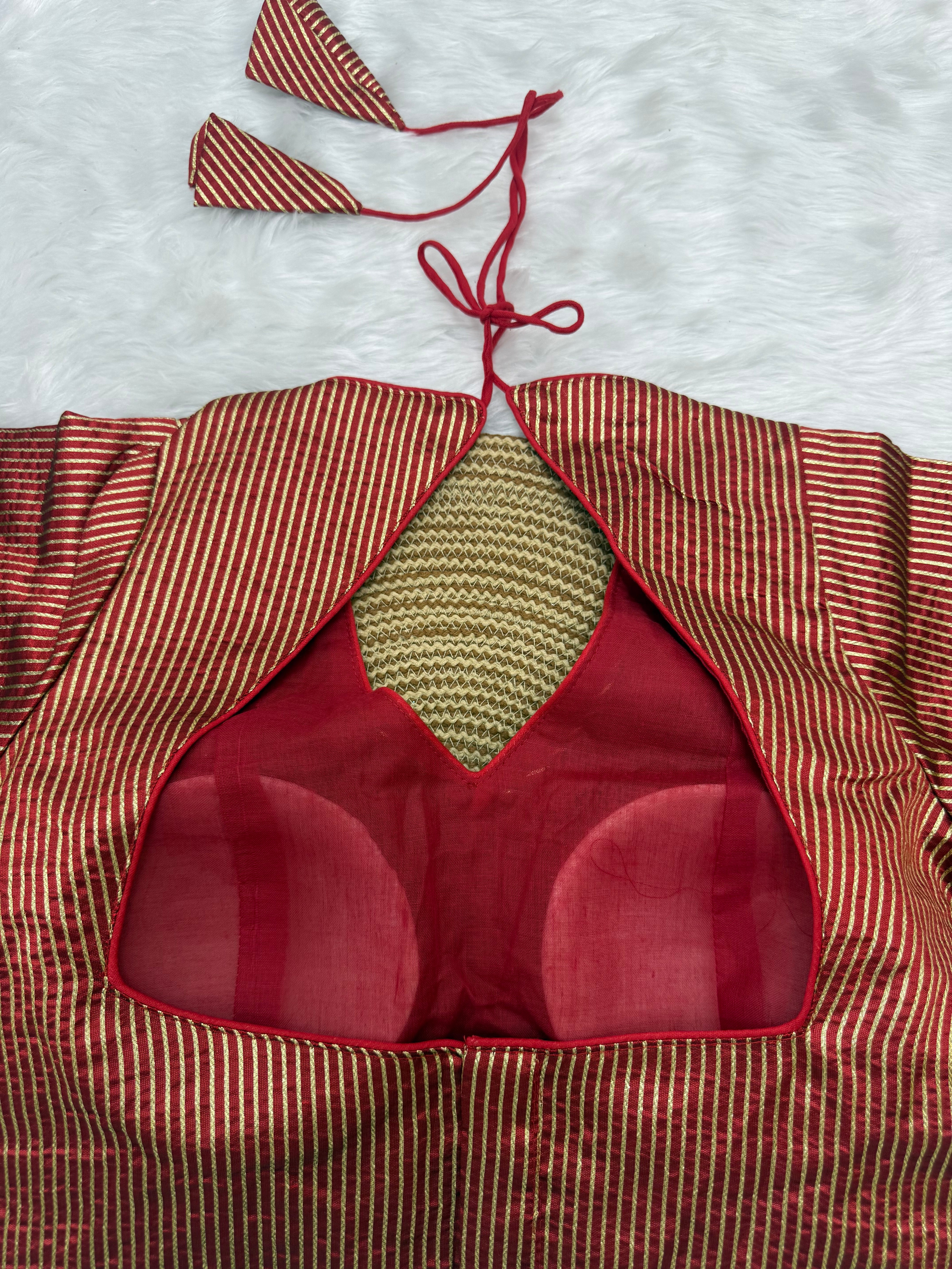 DESIGNER GOLD STRIPE SILK READYMADE BLOUSE - RED