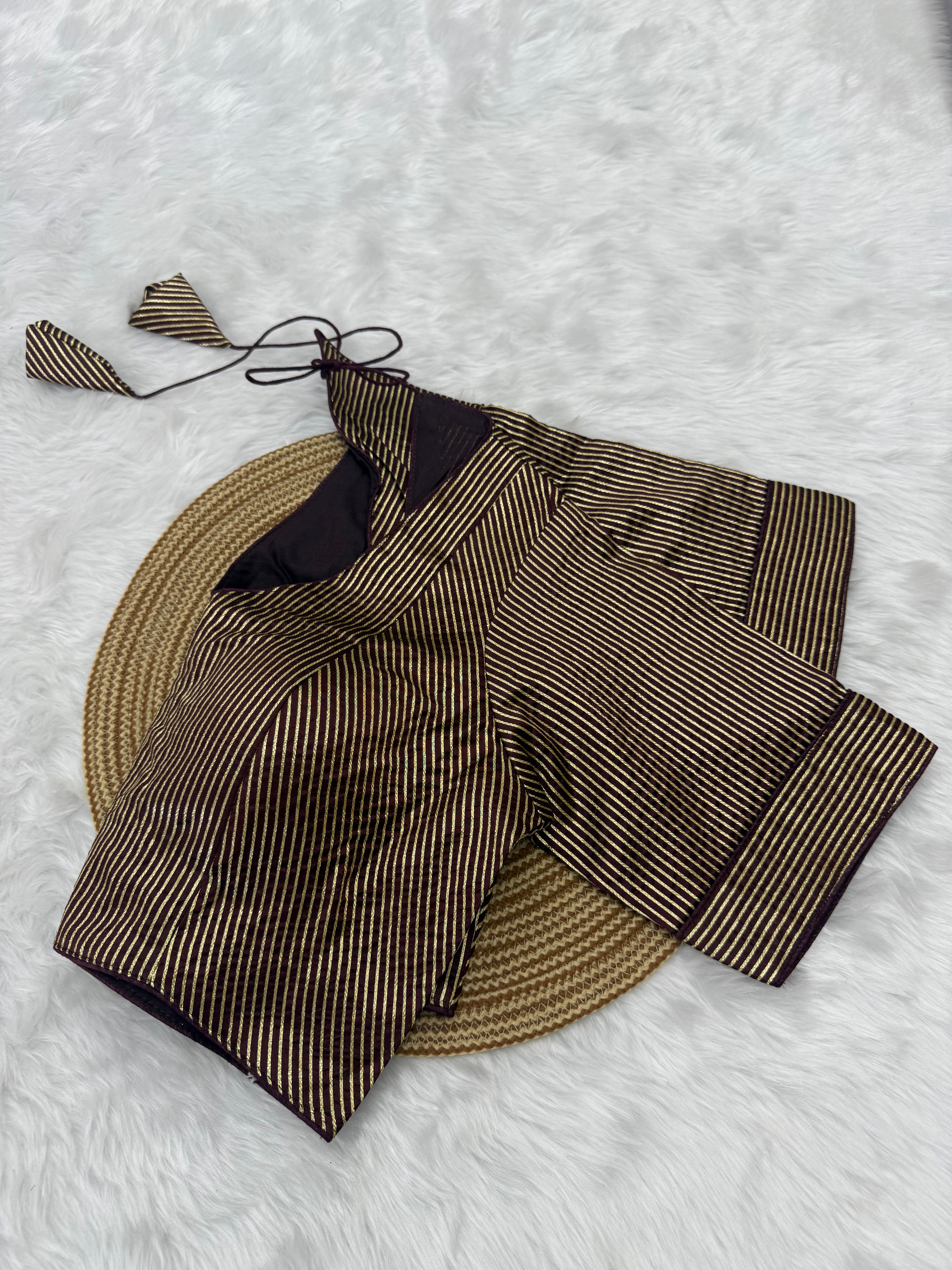 DESIGNER GOLD STRIPE SILK READYMADE BLOUSE - BROWN