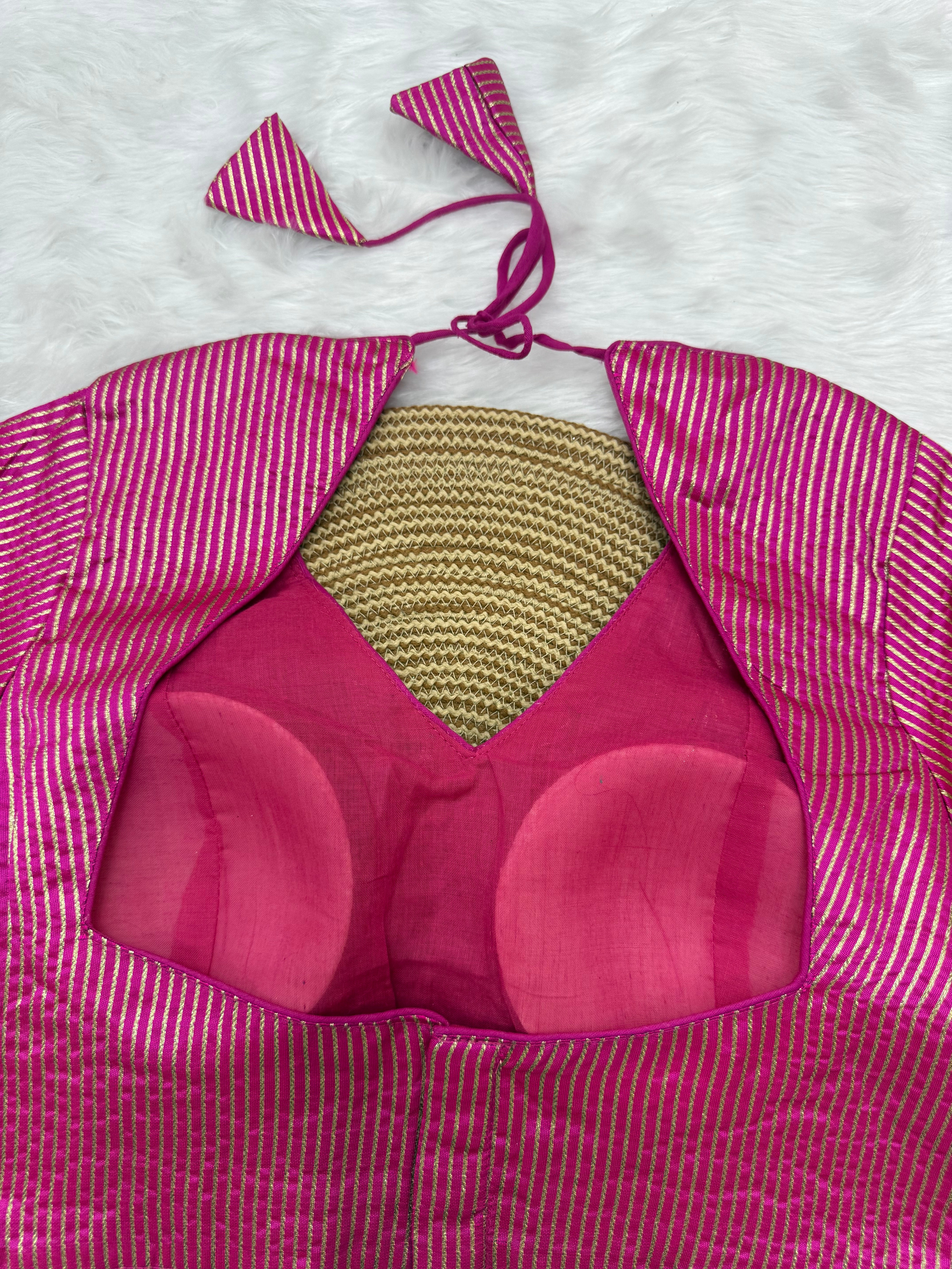 DESIGNER GOLD STRIPE SILK READYMADE BLOUSE - PINK