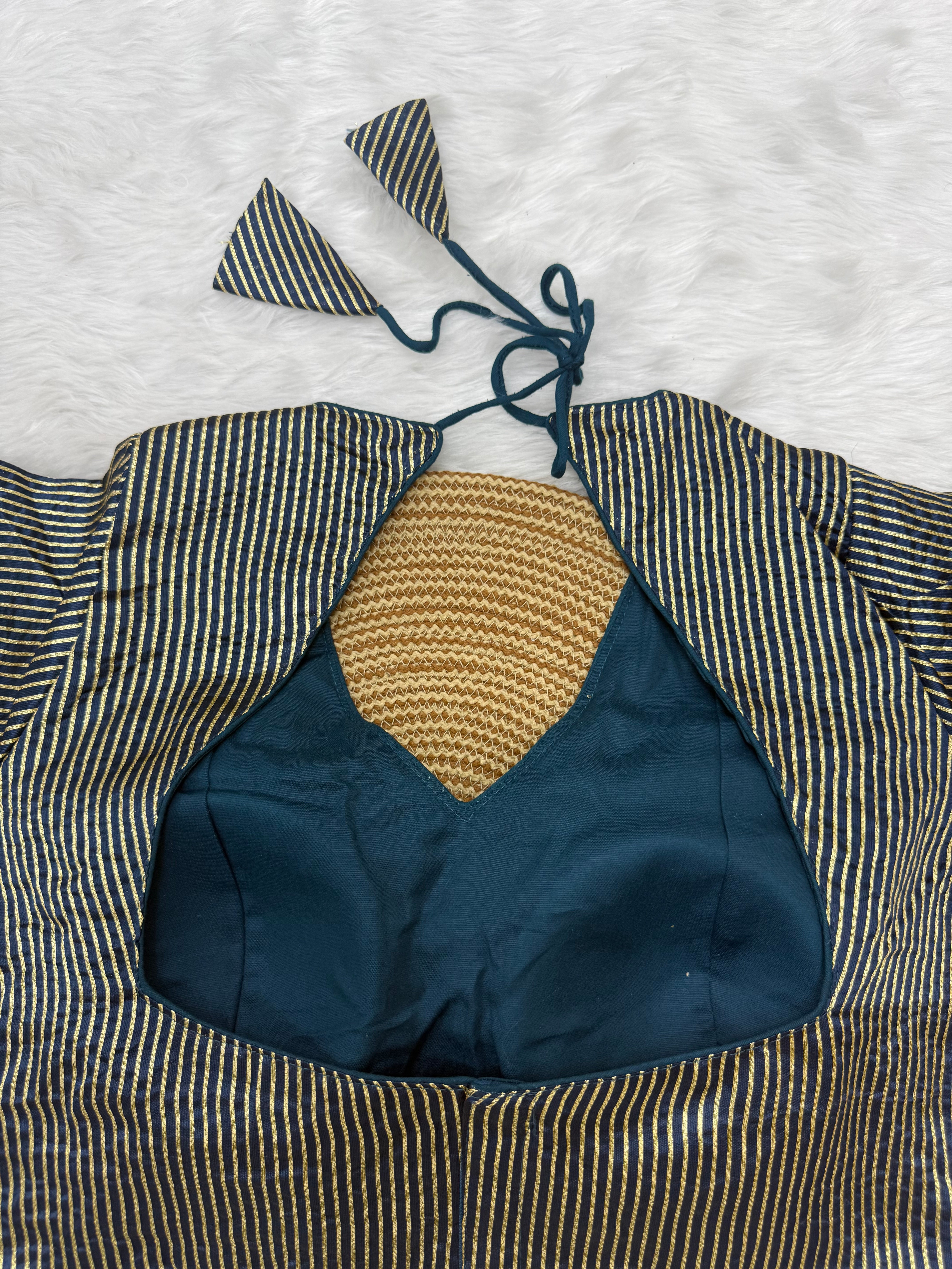 DESIGNER GOLD STRIPE SILK READYMADE BLOUSE - TEAL BLUE