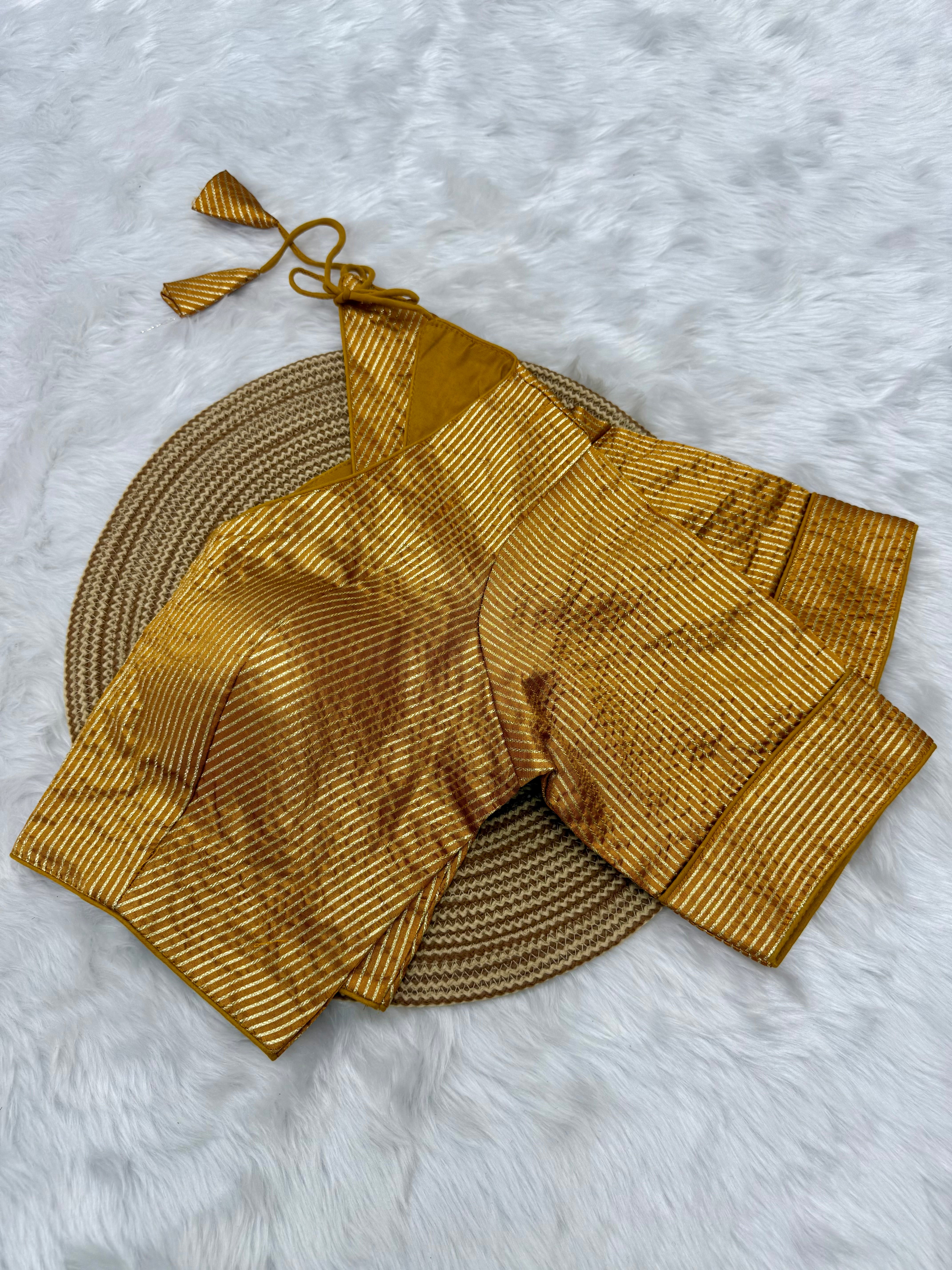 DESIGNER GOLD STRIPE SILK READYMADE BLOUSE - YELLOW