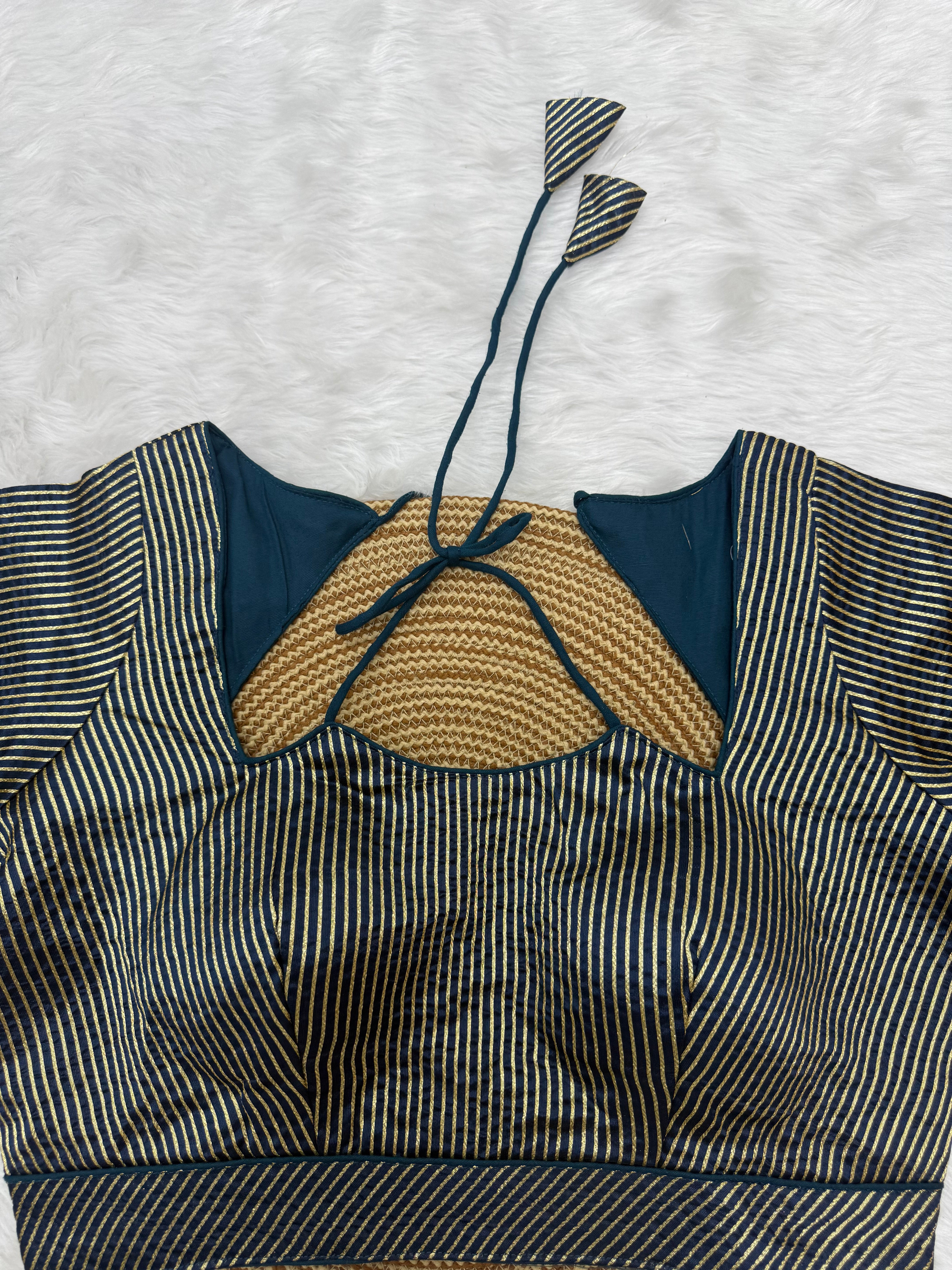 DESIGNER GOLD STRIPE SILK READYMADE BLOUSE - TEAL BLUE