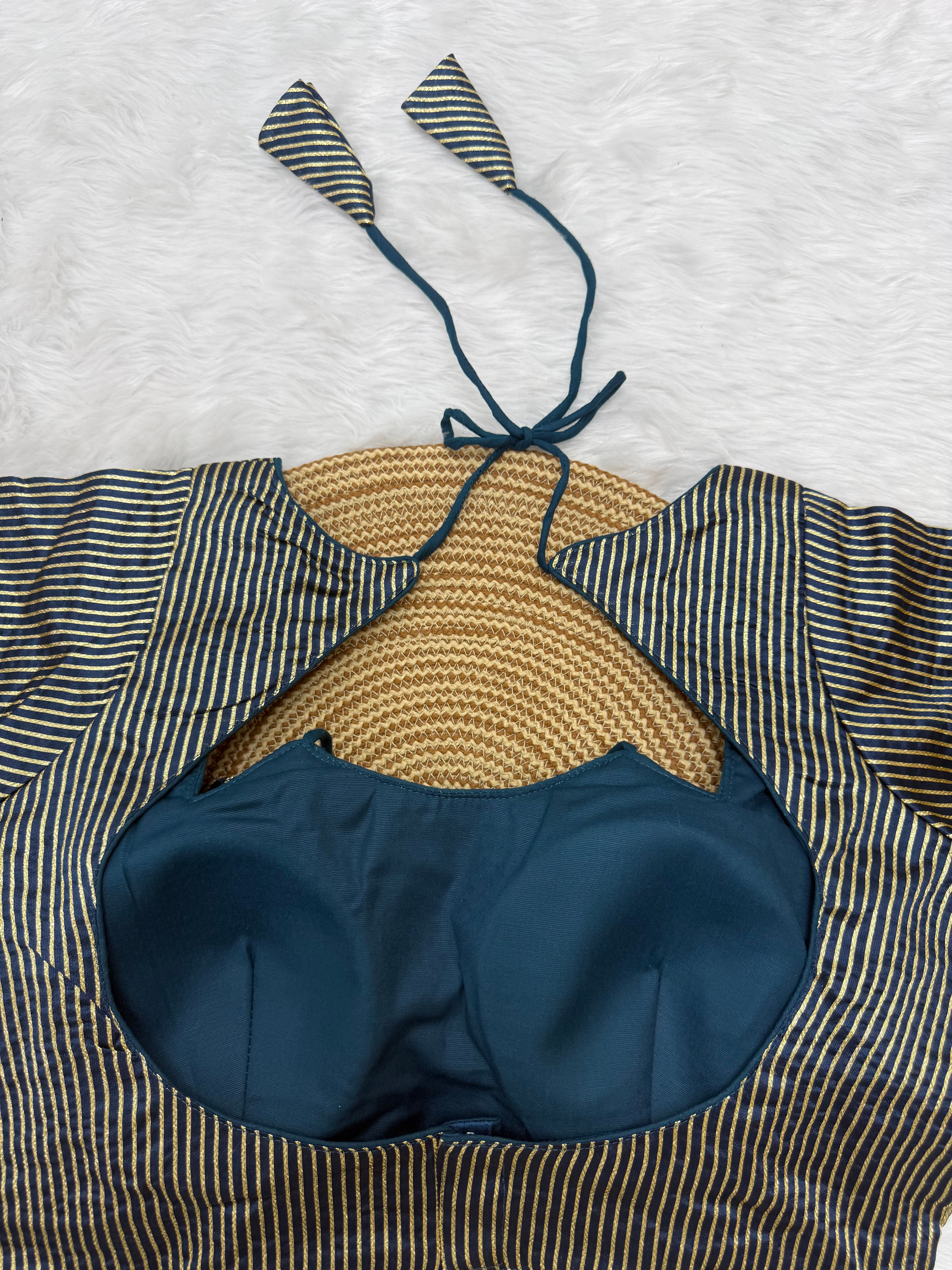DESIGNER GOLD STRIPE SILK READYMADE BLOUSE - TEAL BLUE