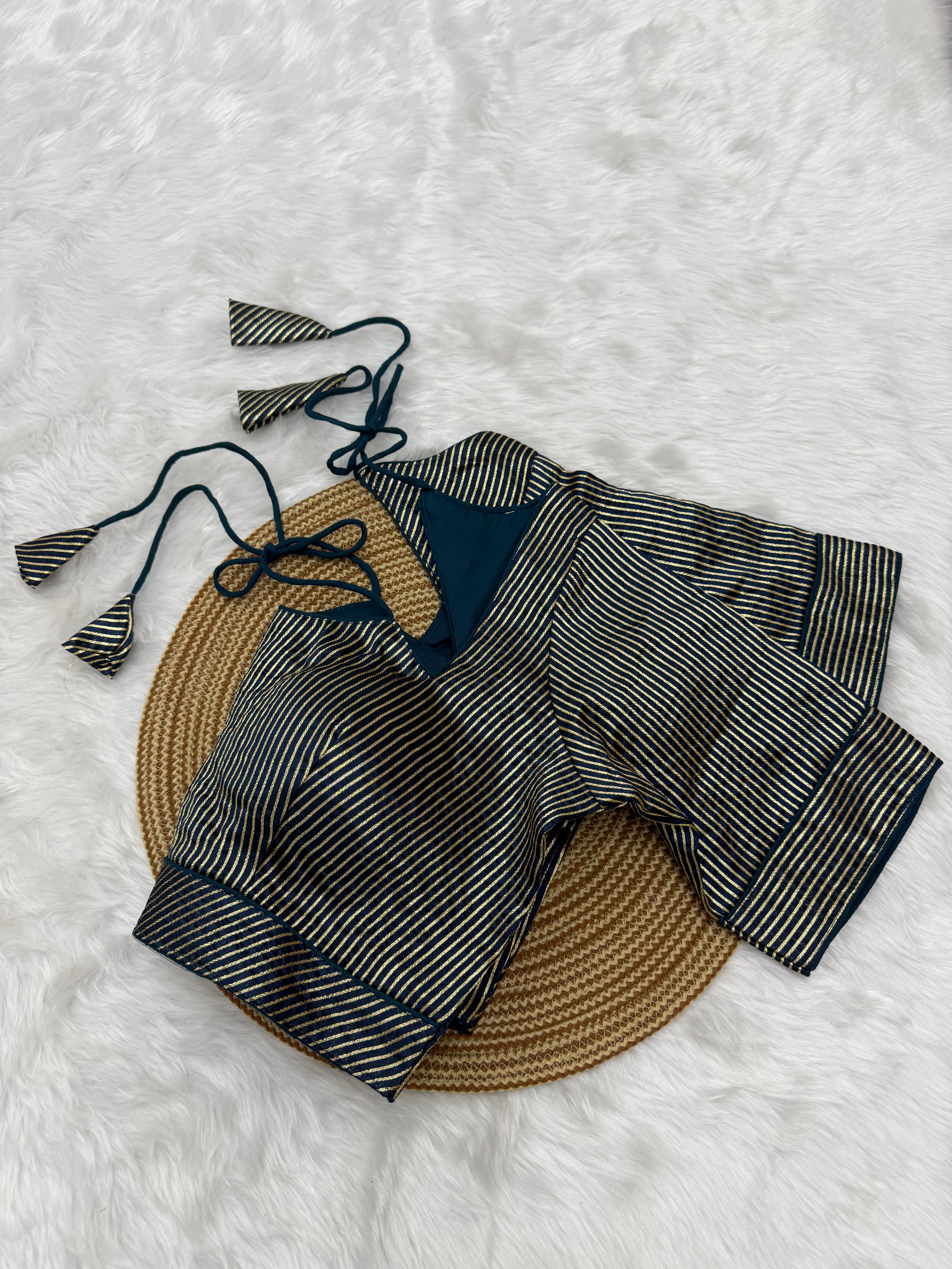 DESIGNER GOLD STRIPE SILK READYMADE BLOUSE - TEAL BLUE