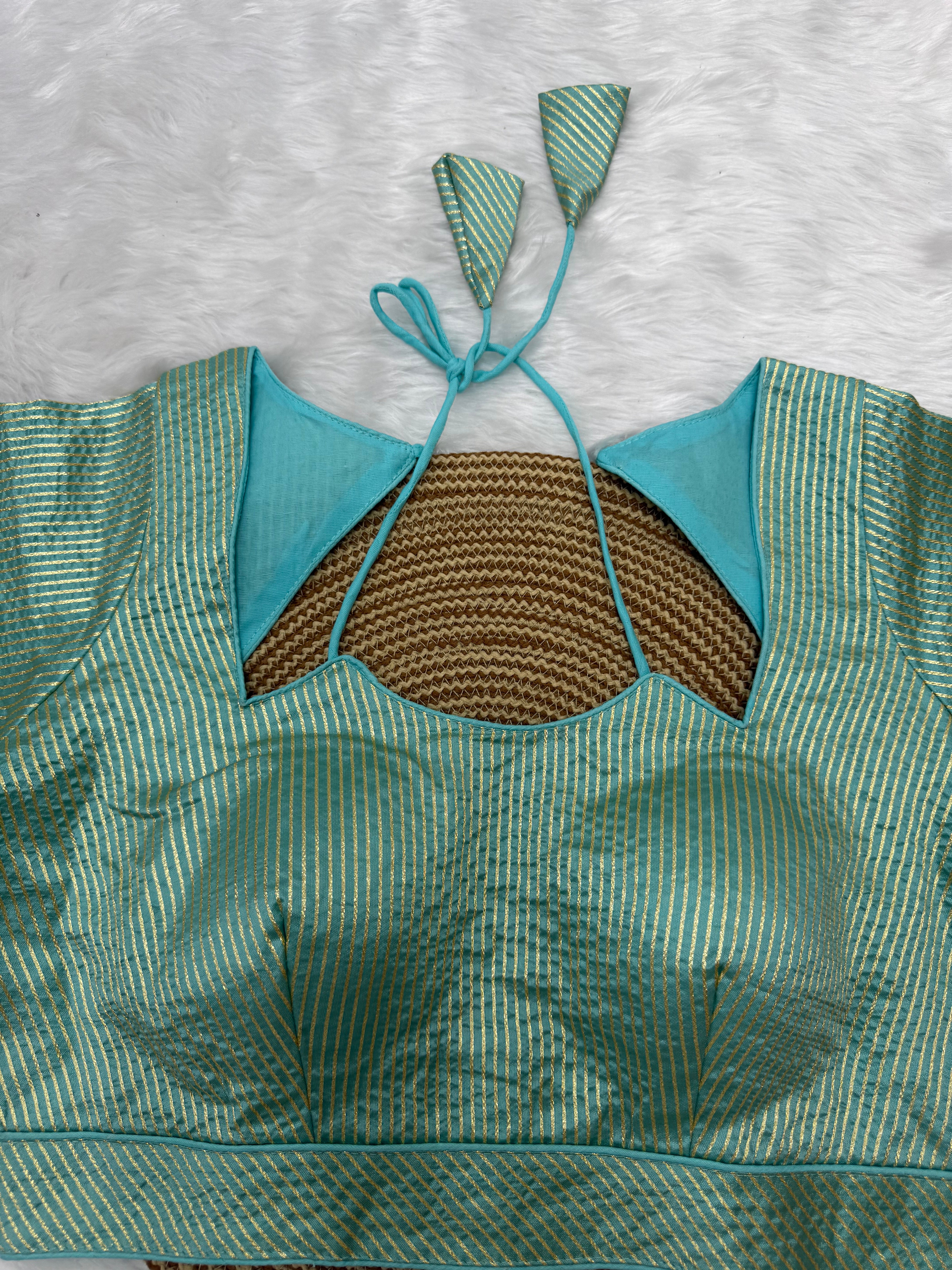 DESIGNER GOLD STRIPE SILK READYMADE BLOUSE - AQUA BLUE