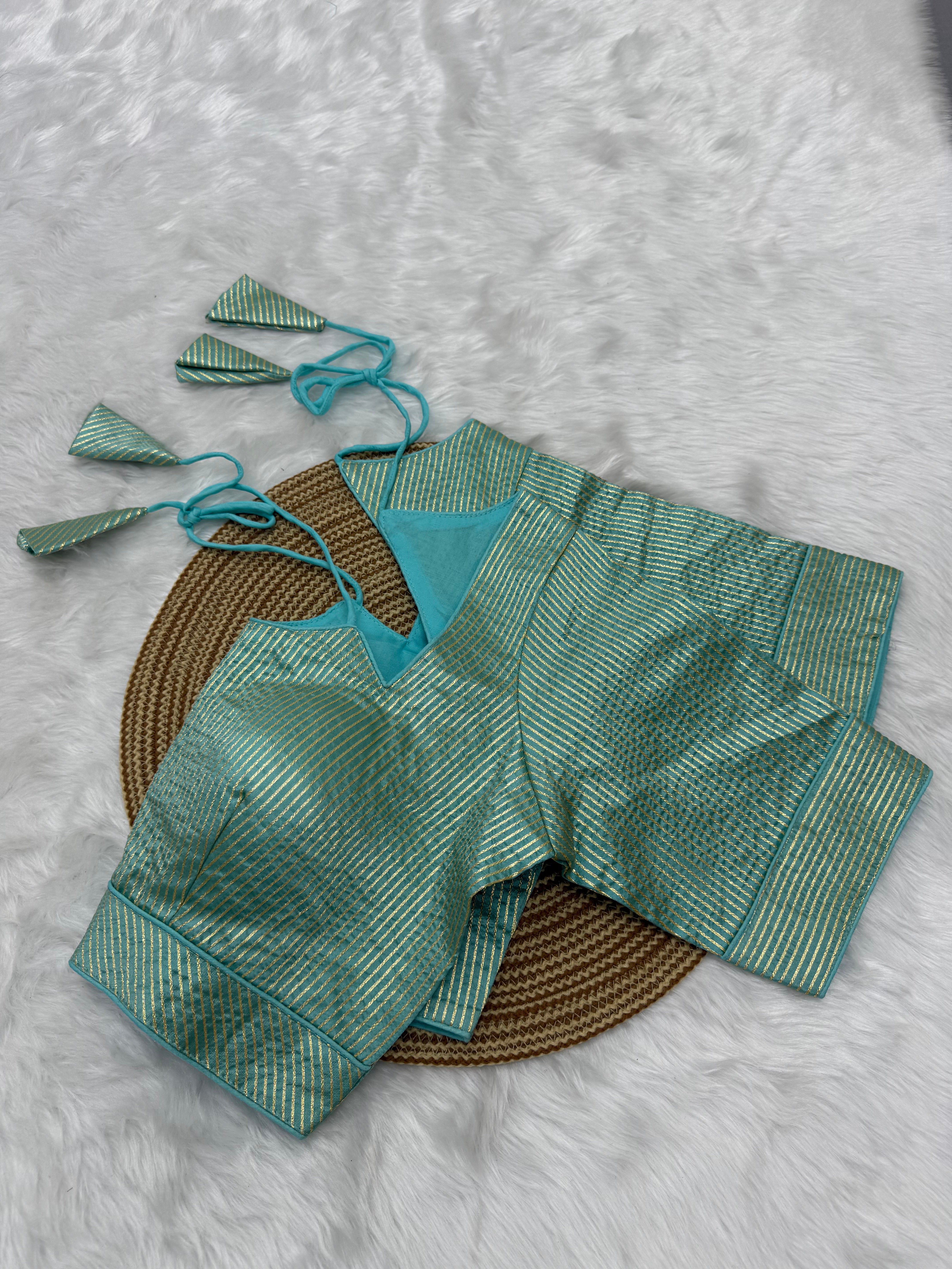 DESIGNER GOLD STRIPE SILK READYMADE BLOUSE - AQUA BLUE