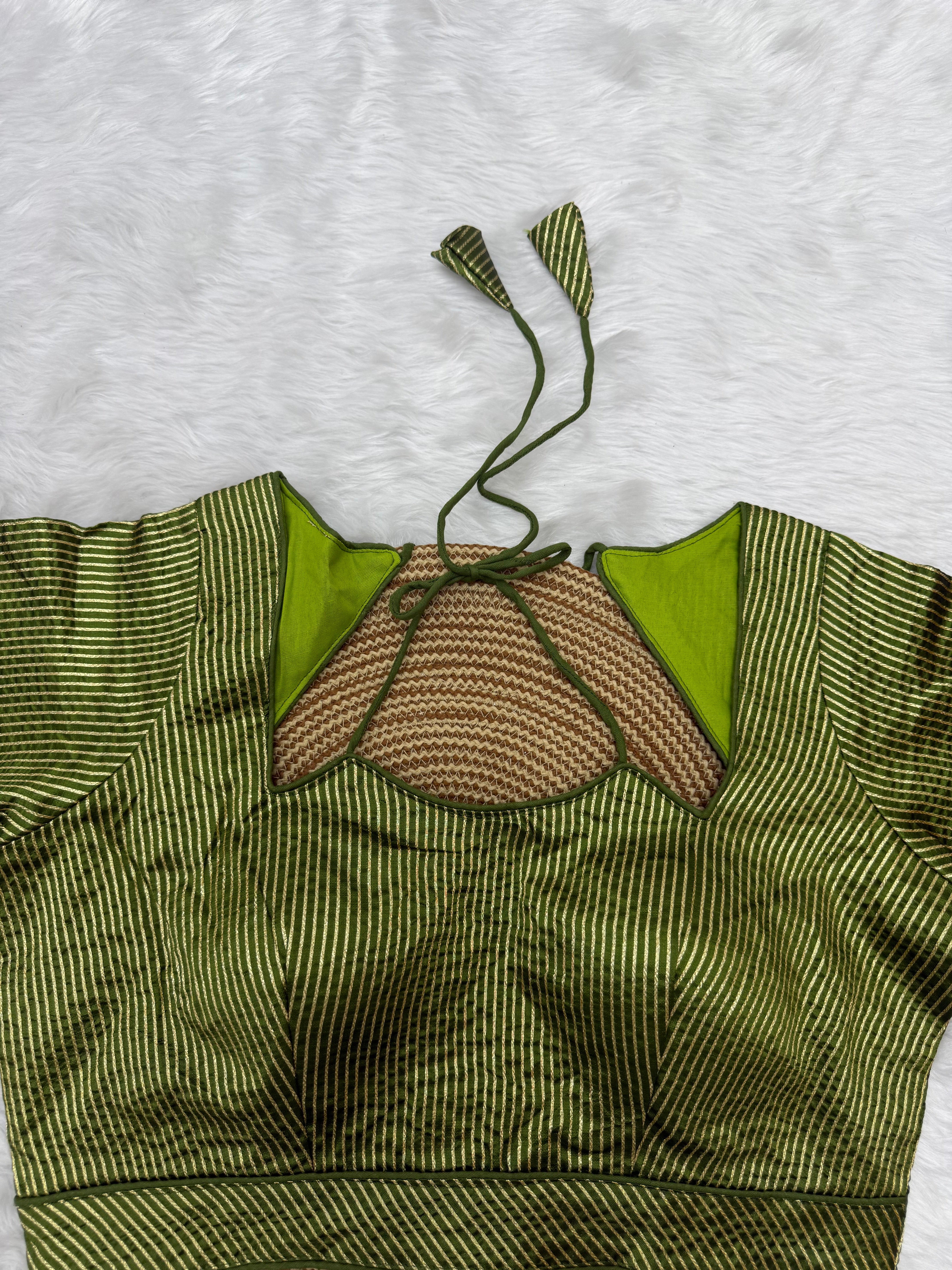 DESIGNER GOLD STRIPE SILK READYMADE BLOUSE - GREEN
