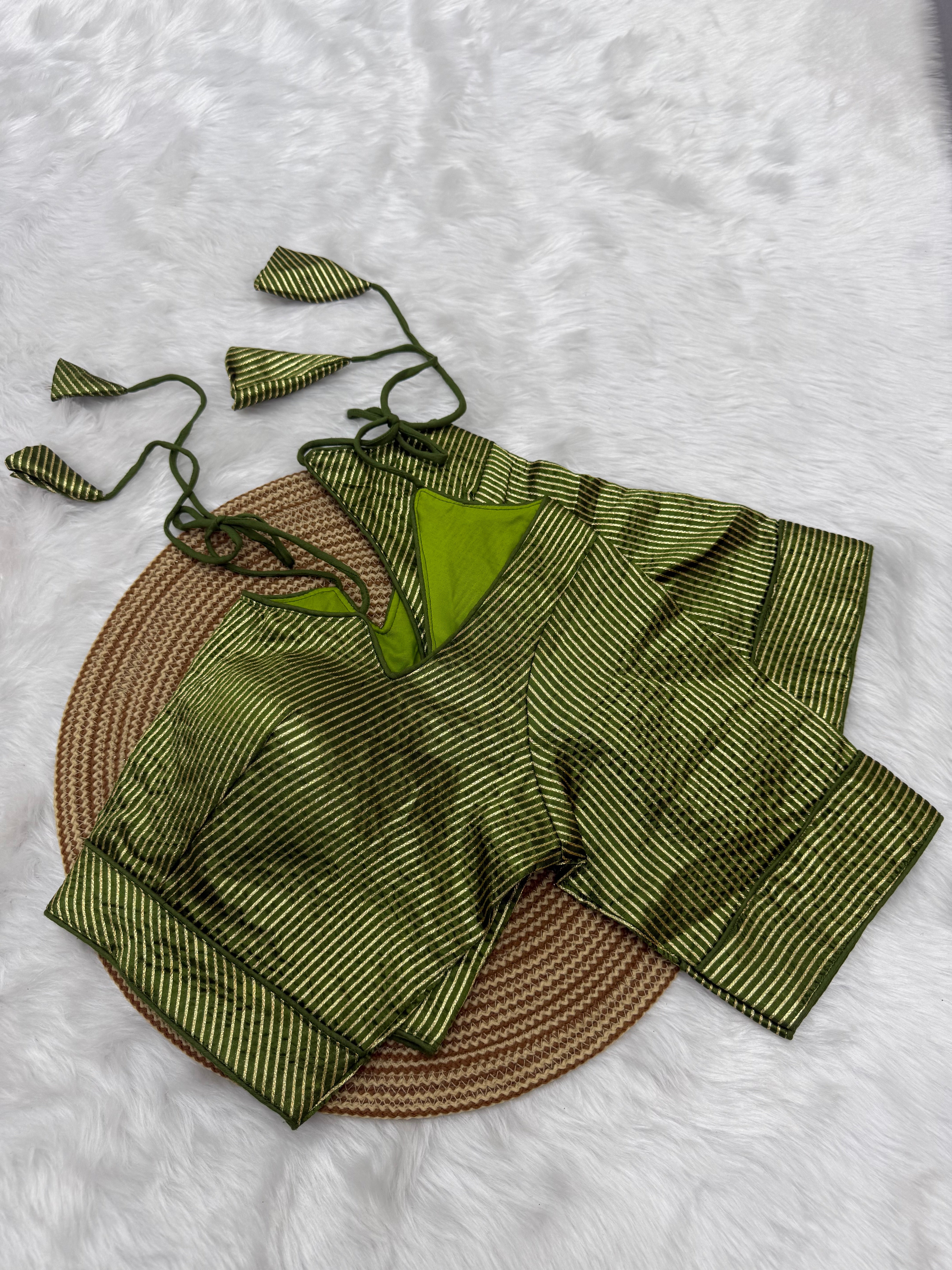DESIGNER GOLD STRIPE SILK READYMADE BLOUSE - GREEN
