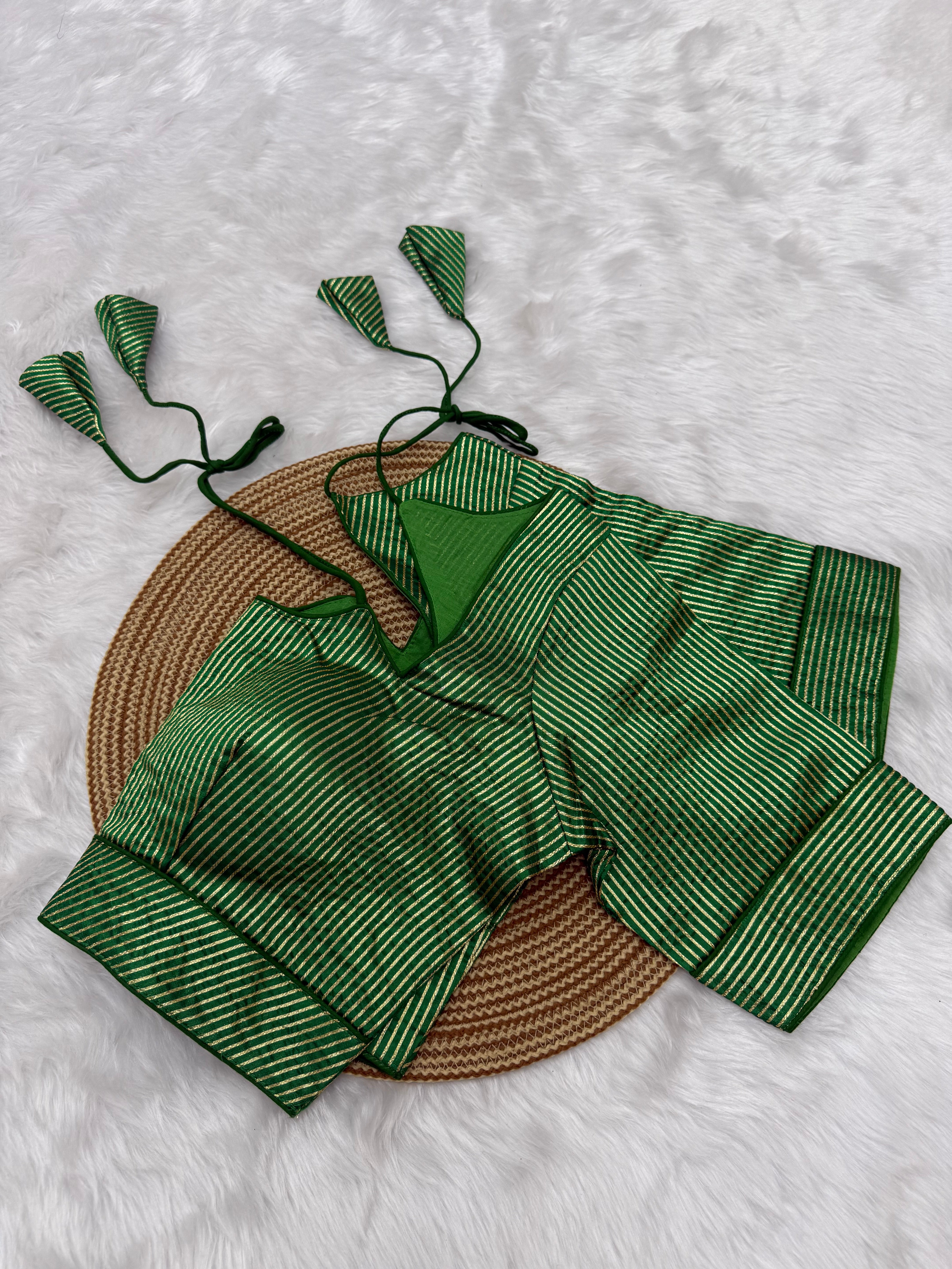 DESIGNER GOLD STRIPE SILK READYMADE BLOUSE - GREEN