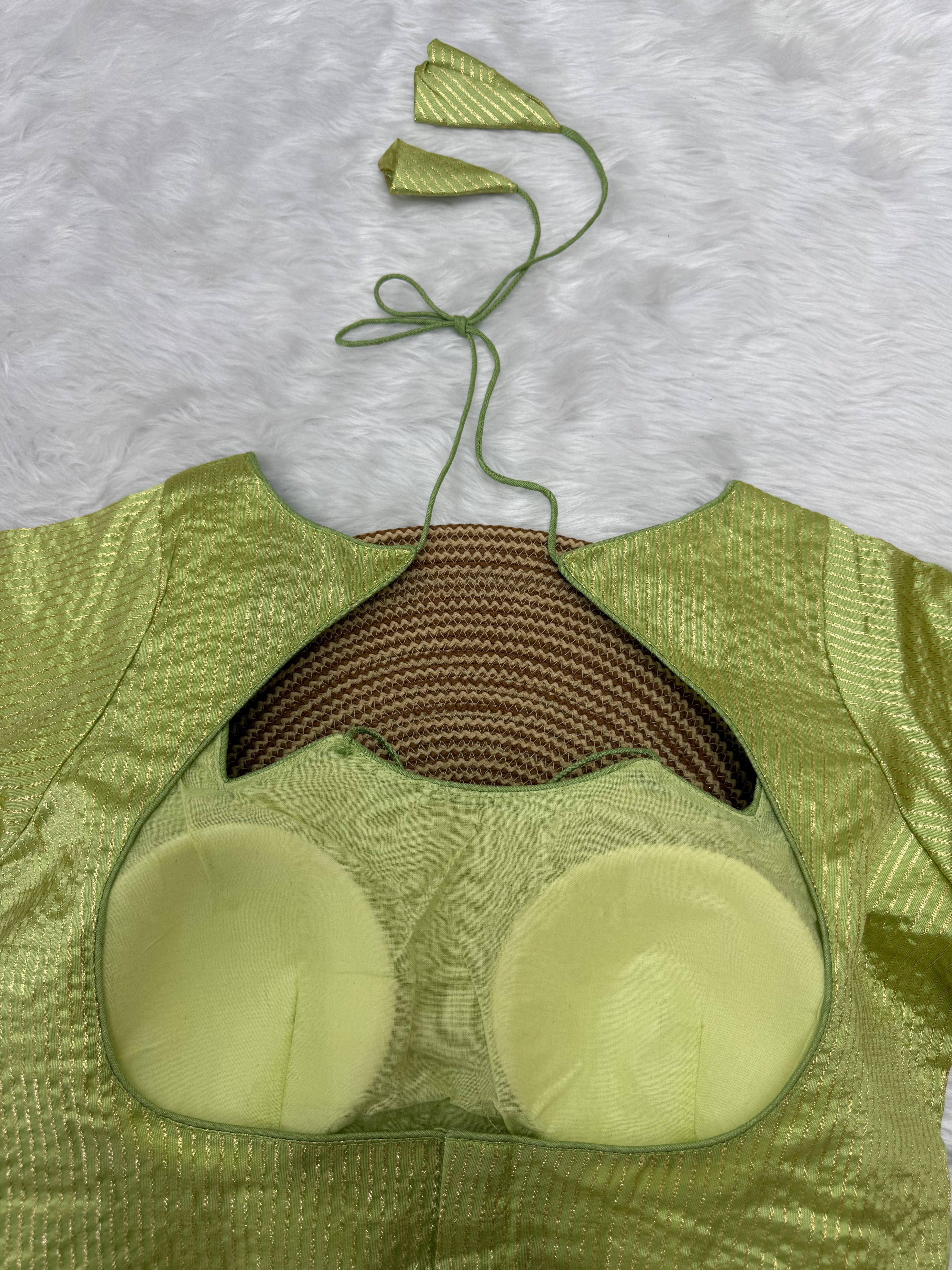 DESIGNER GOLD STRIPE SILK READYMADE BLOUSE - GREEN