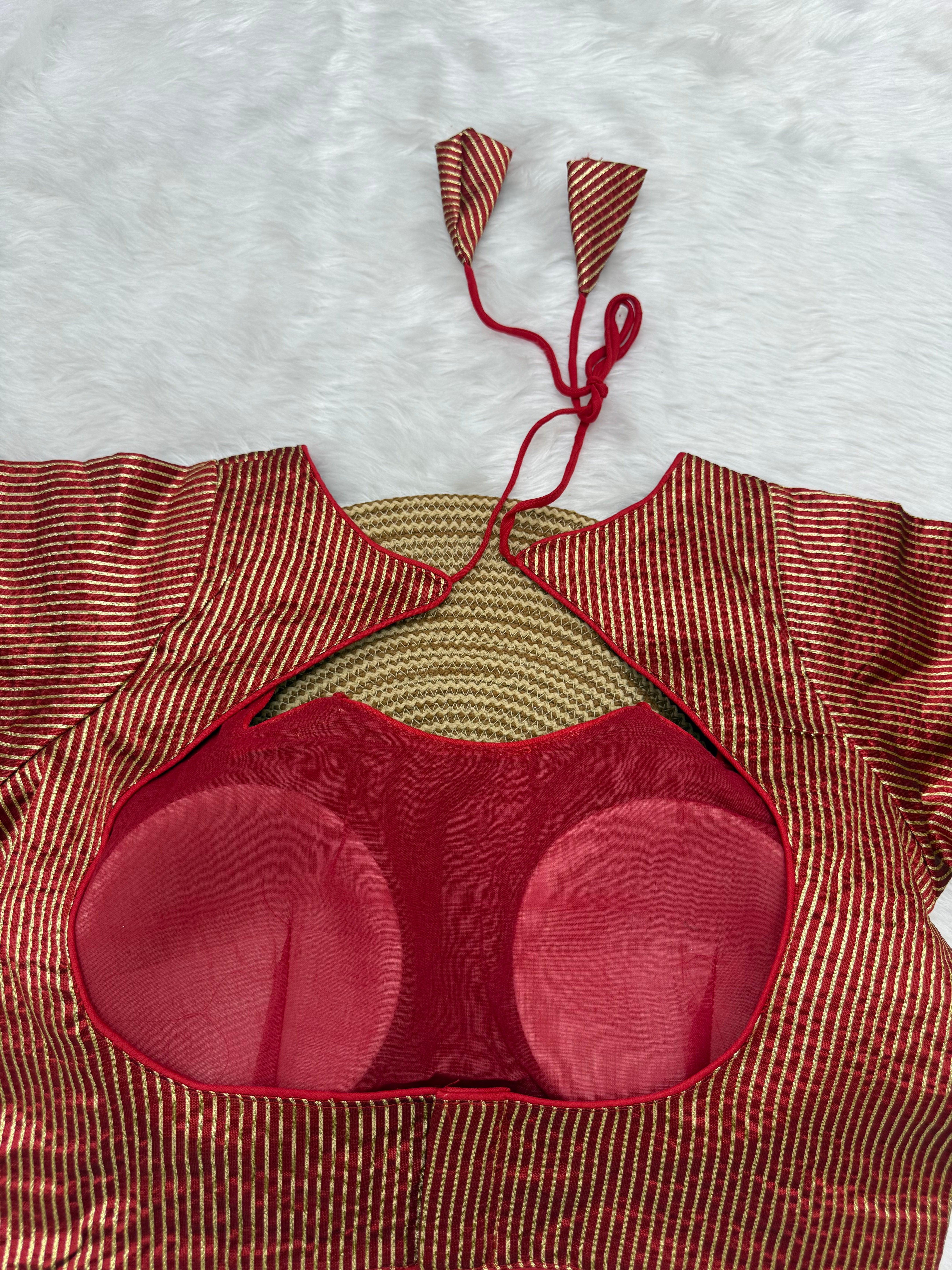 DESIGNER GOLD STRIPE SILK READYMADE BLOUSE - RED