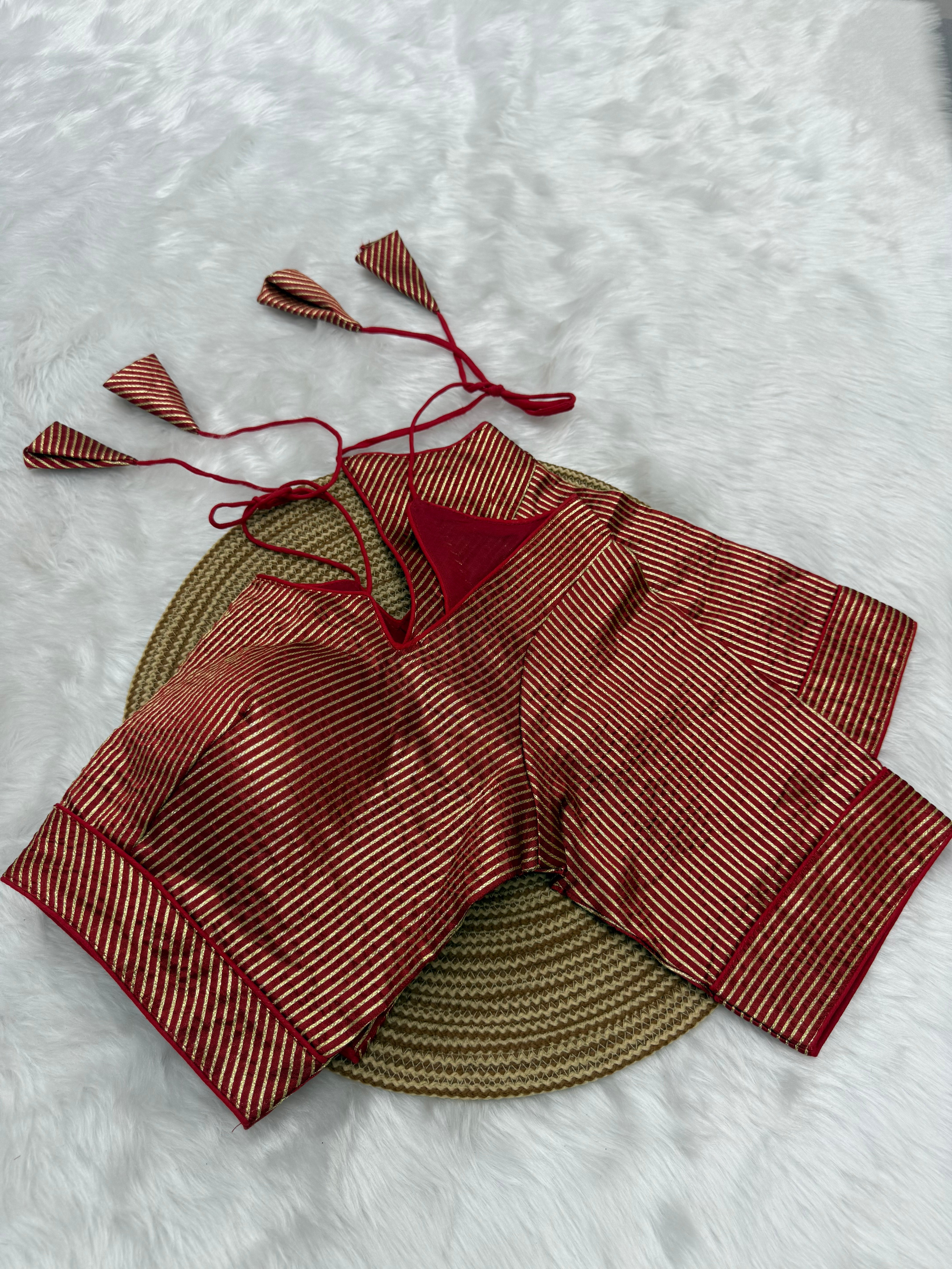 DESIGNER GOLD STRIPE SILK READYMADE BLOUSE - RED