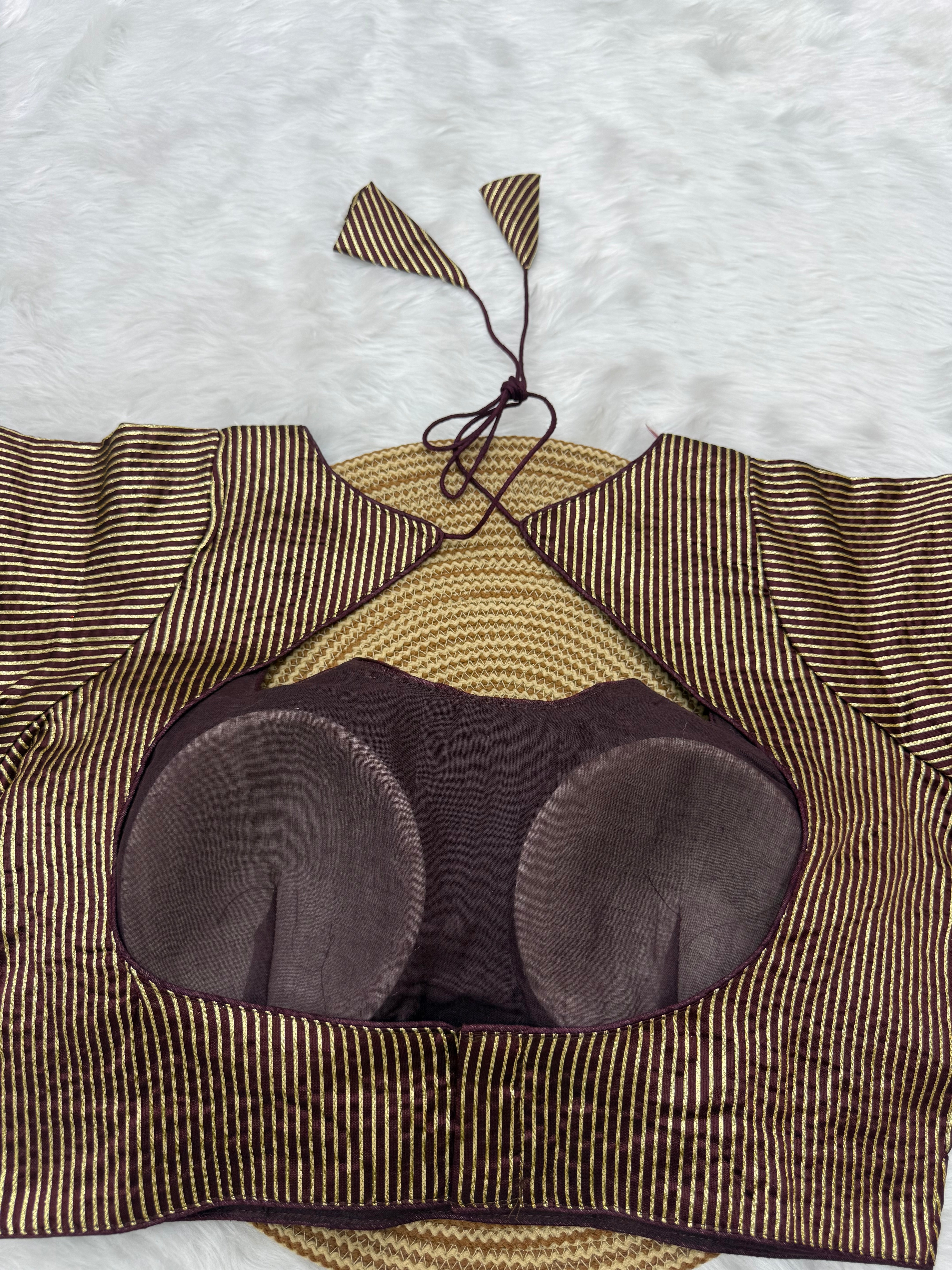 DESIGNER GOLD STRIPE SILK READYMADE BLOUSE - BROWN