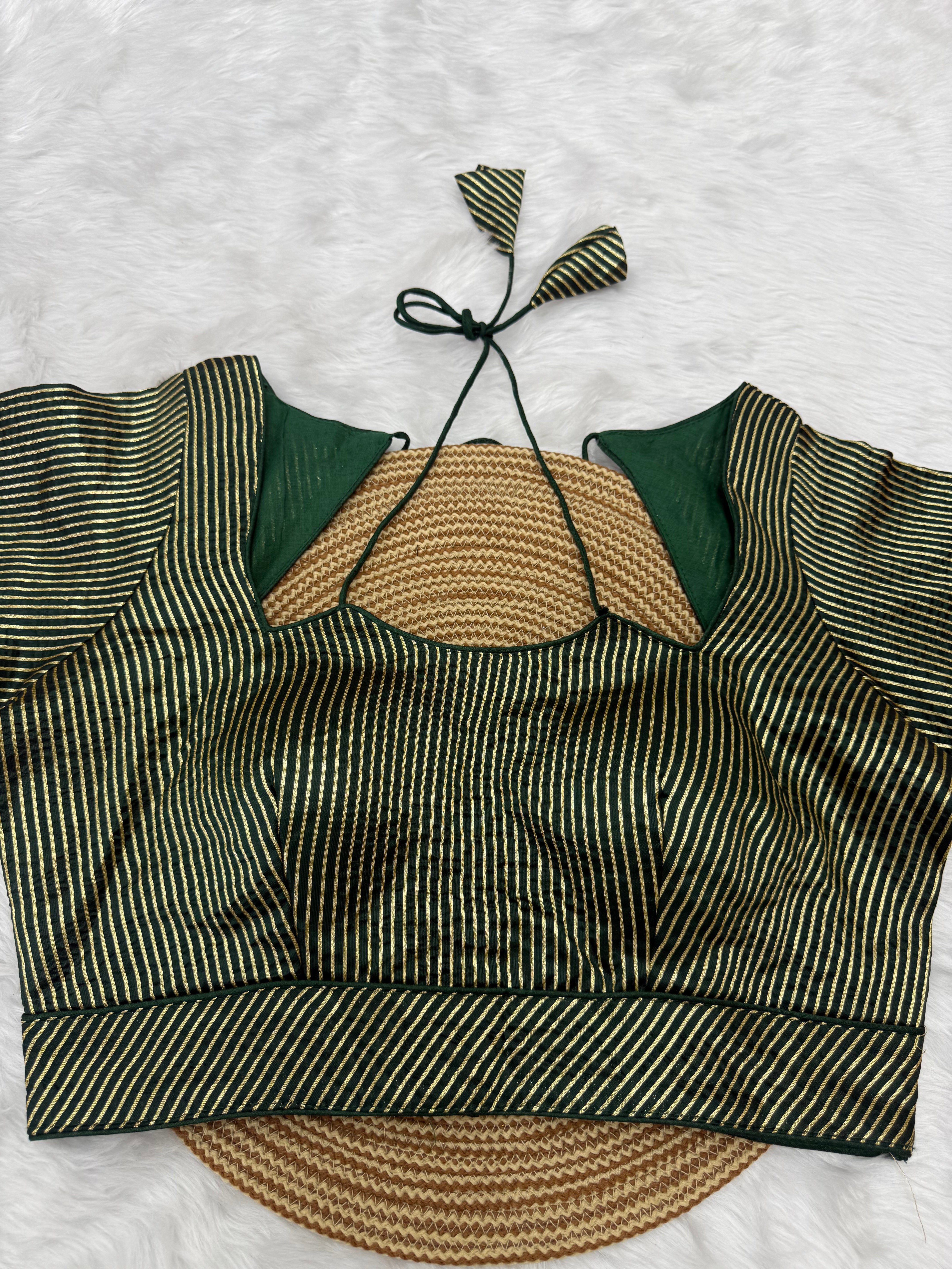 DESIGNER GOLD STRIPE SILK READYMADE BLOUSE - GREEN