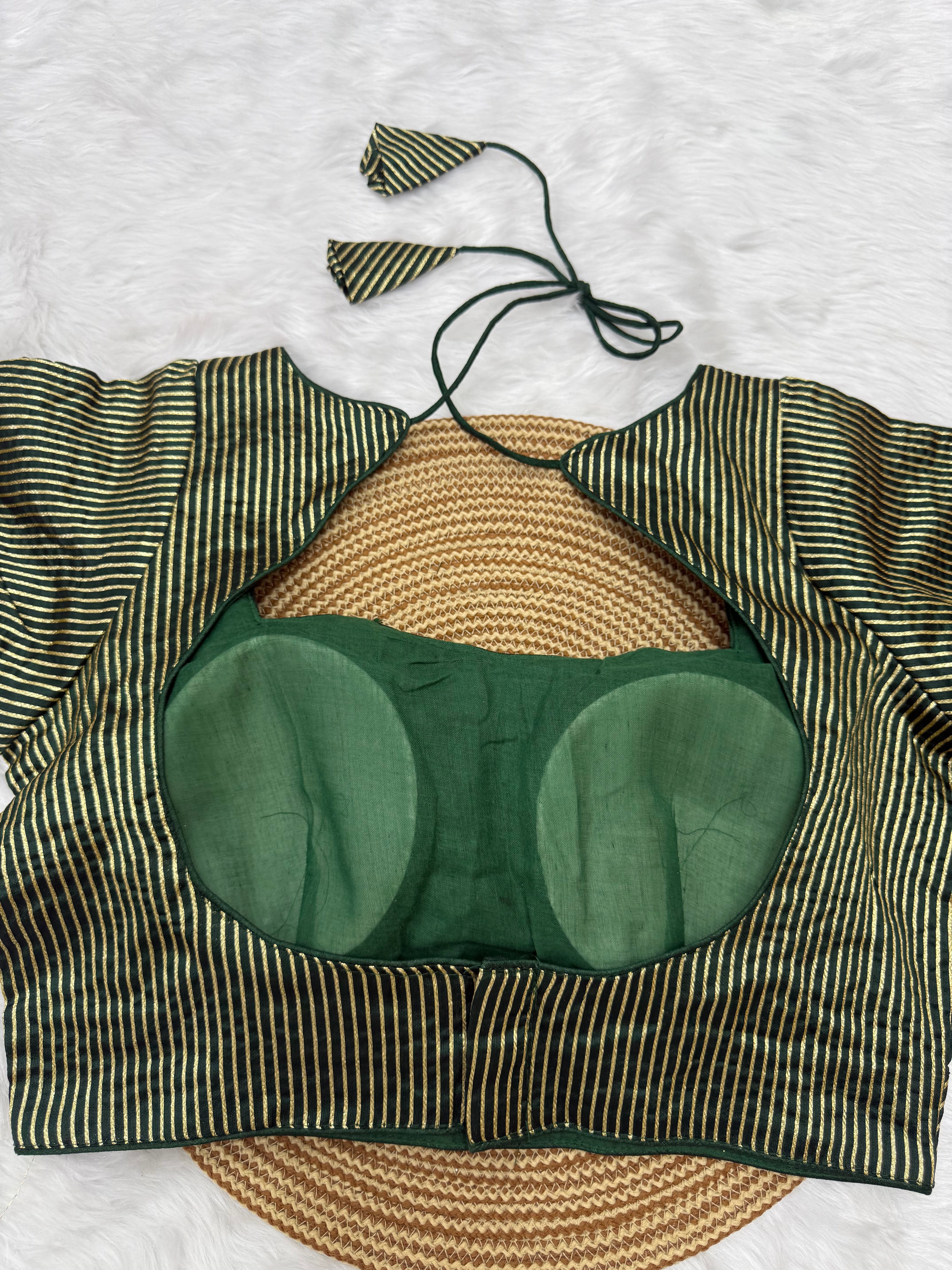 DESIGNER GOLD STRIPE SILK READYMADE BLOUSE - GREEN