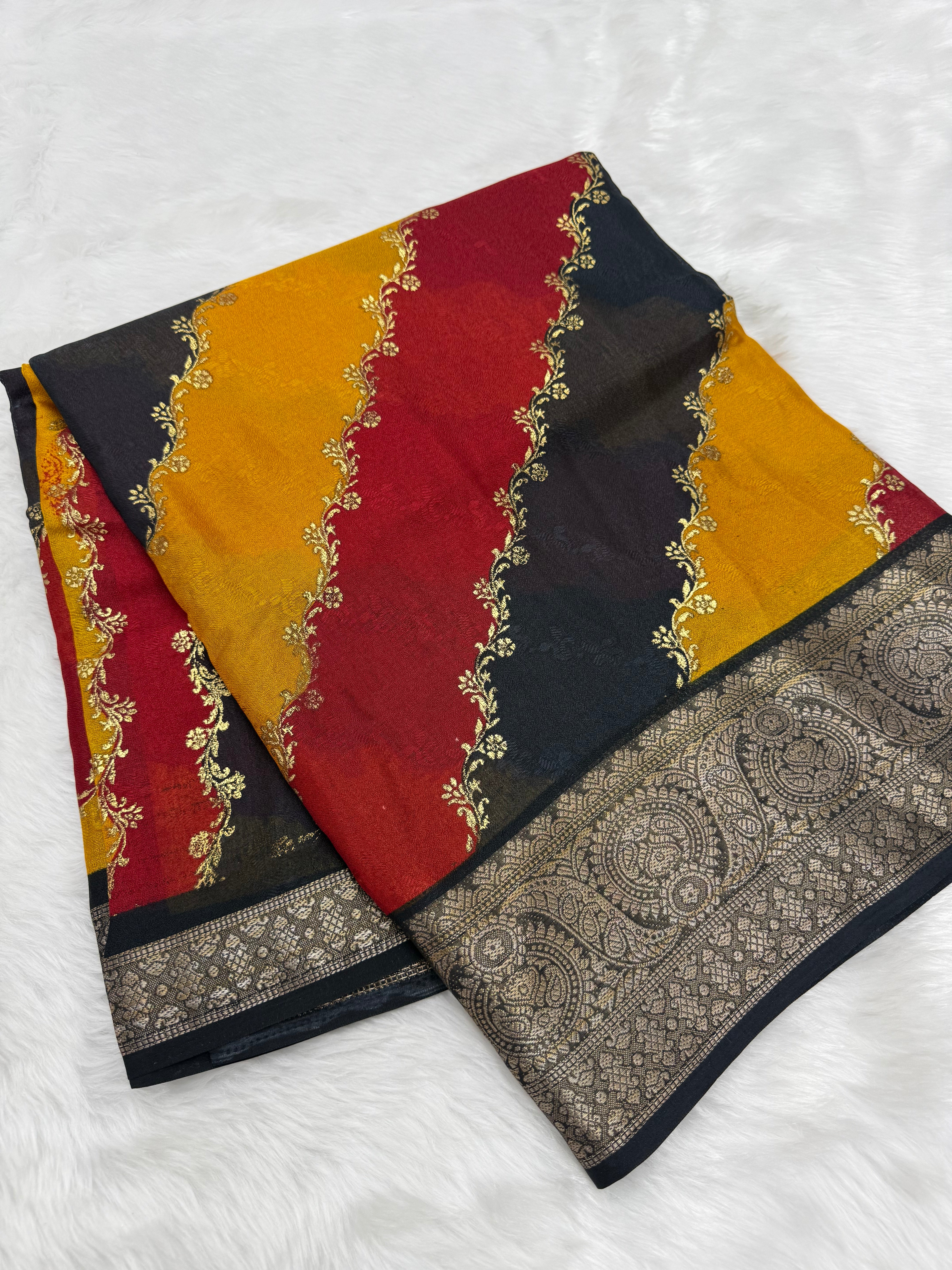 GEORGETTE FANCY SAREE WITH FOIL PRINT BORDER - MULTI