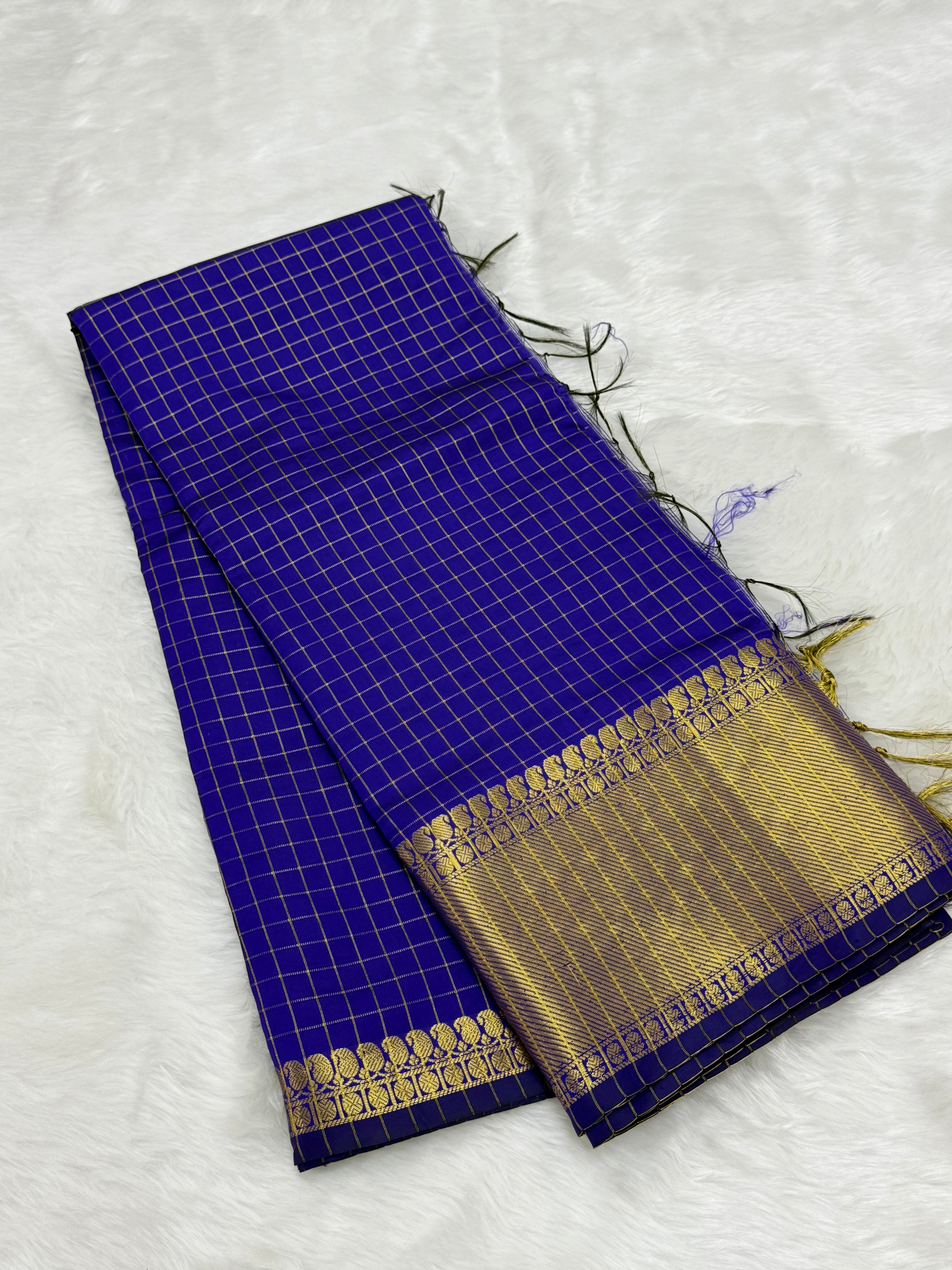CHECKERED PATTERN BANARASI SILK SAREE - BLUE