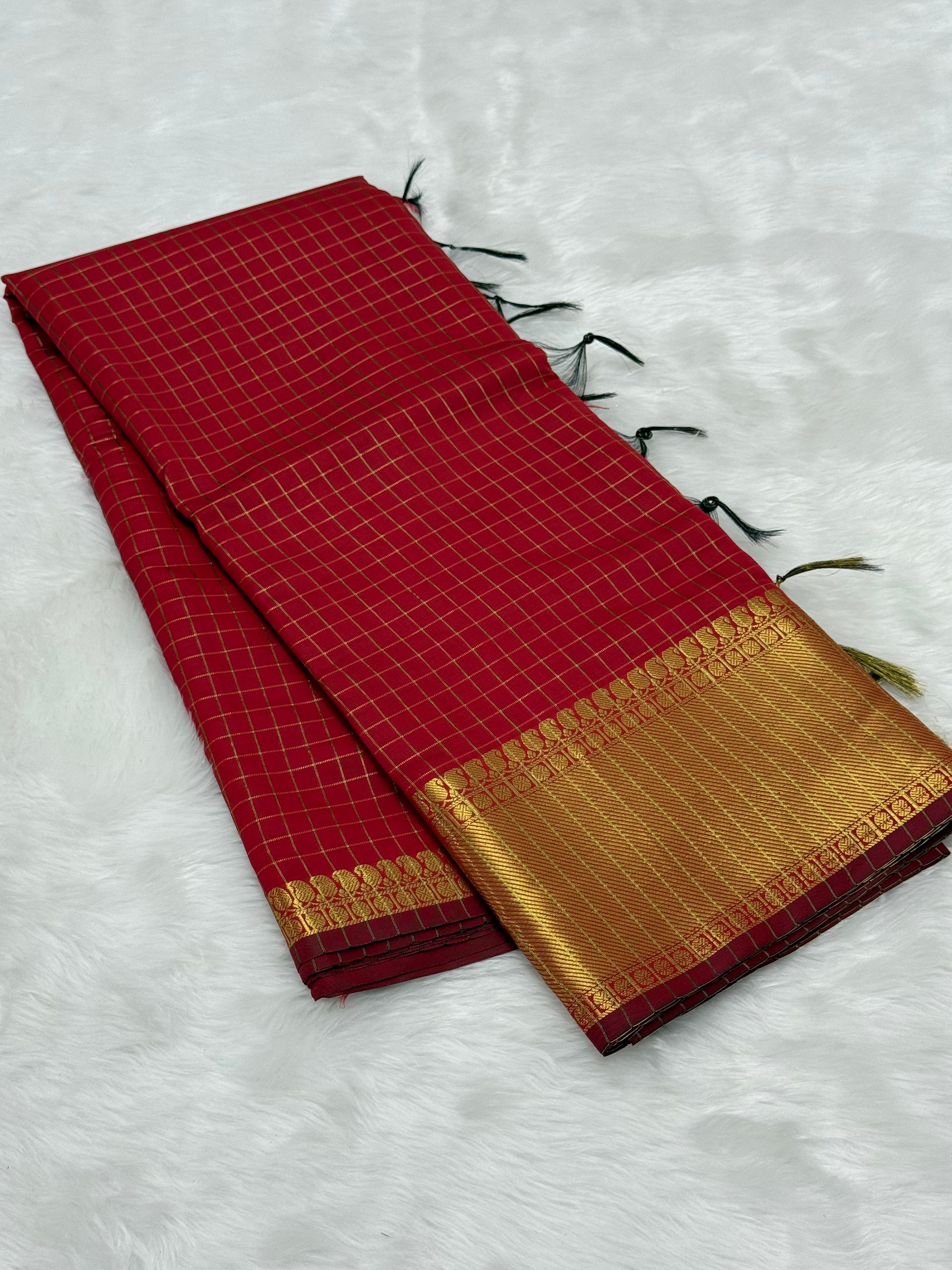 CHECKERED PATTERN BANARASI SILK SAREE - RED