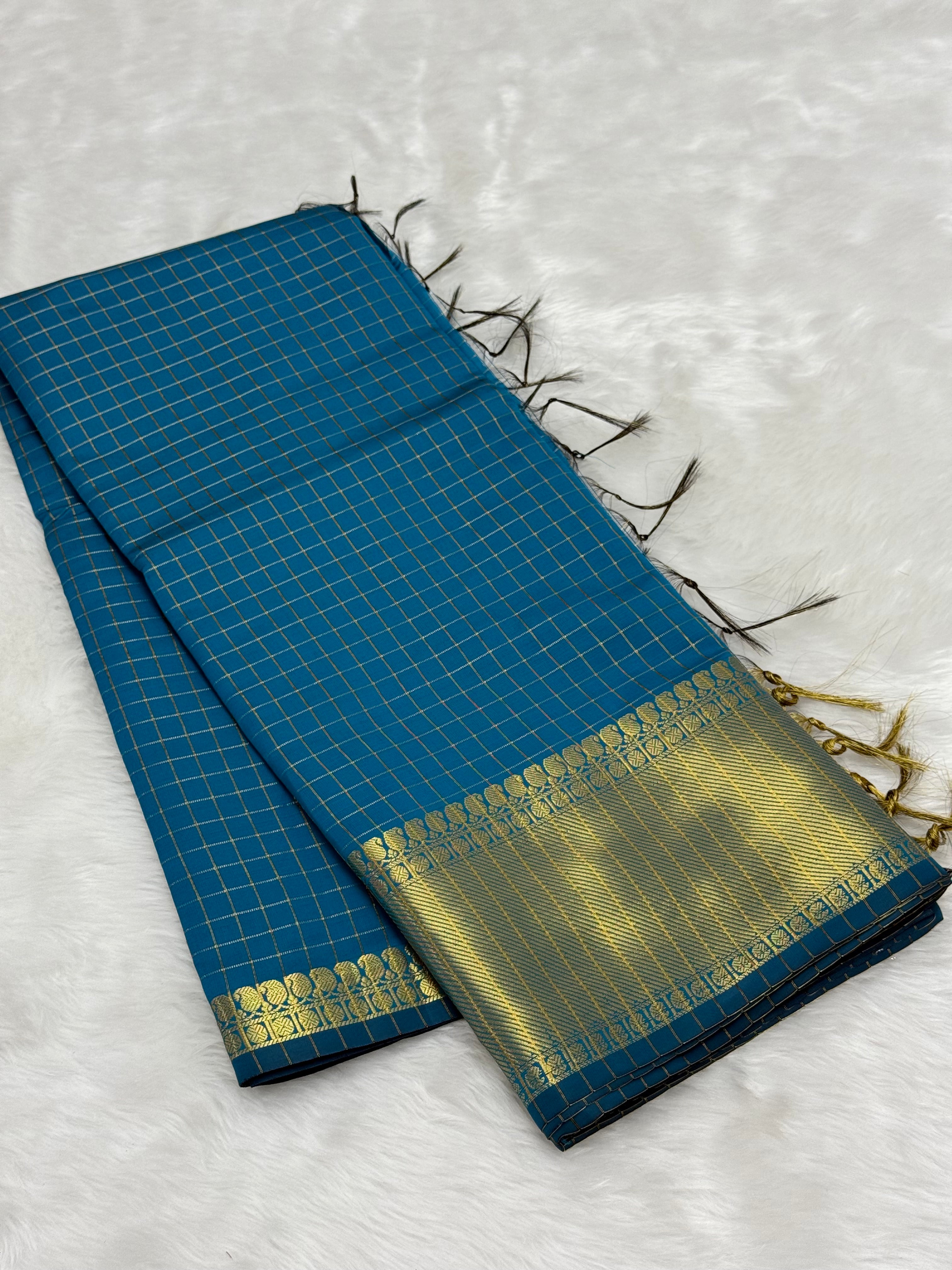 CHECKERED PATTERN BANARASI SILK SAREE - TEAL