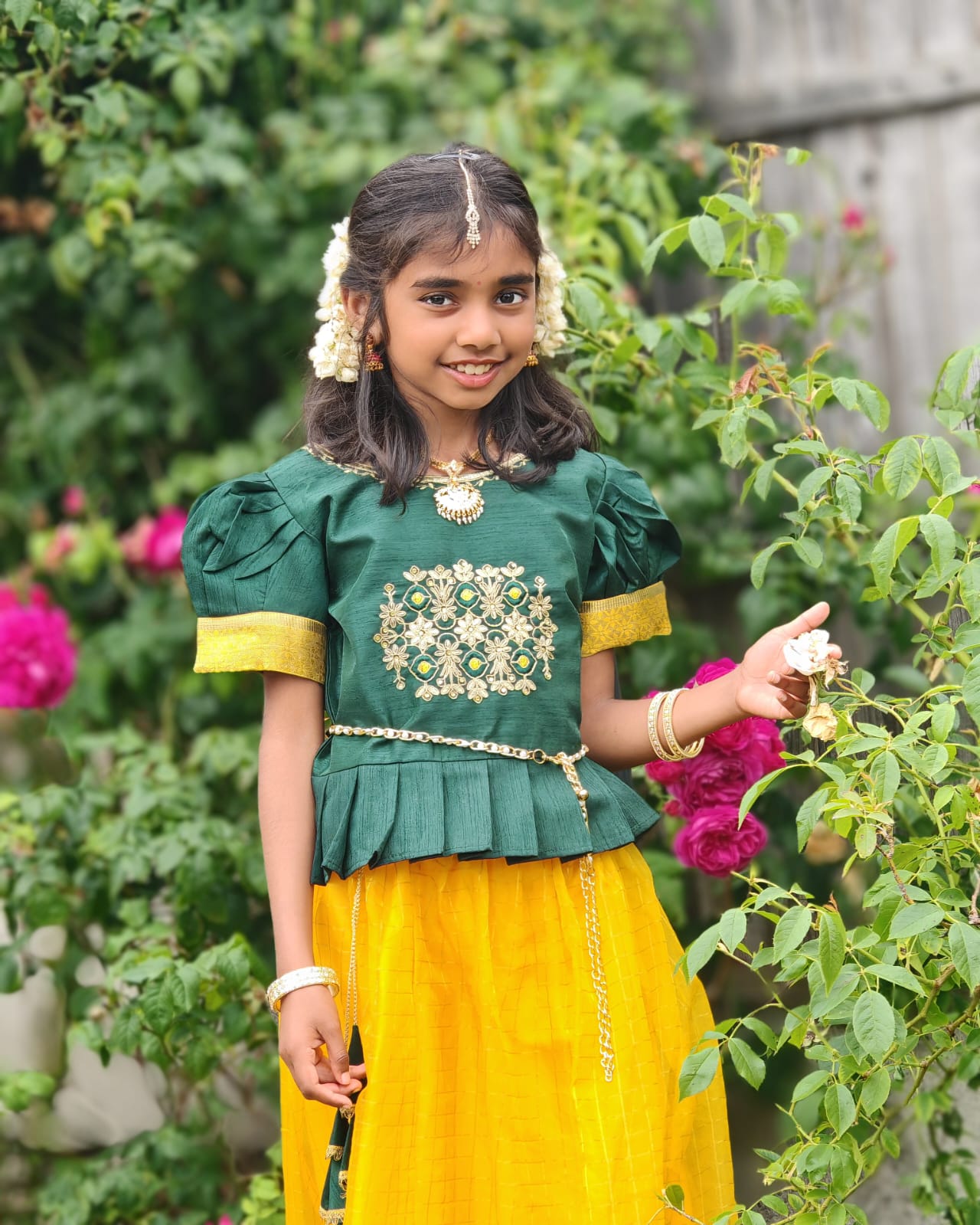 GIRL'S TISSUE CHECKS  READYMADE PATTU PAVADAI/LEHENGA CHOLI - GREEN & YELLOW