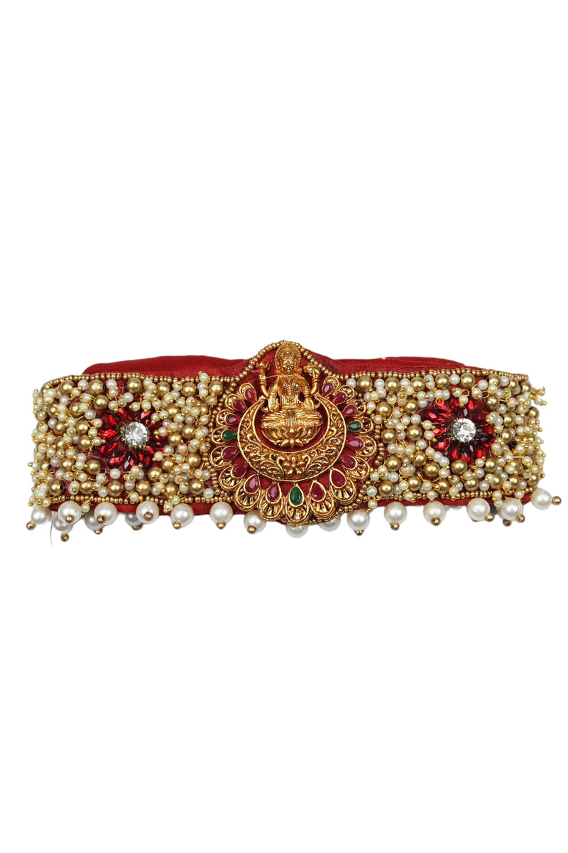 HANDMADE MULTI STONE WORK STRETCHABLE CLOTH HIP BELT/SAREE BELT - RED GRABO365