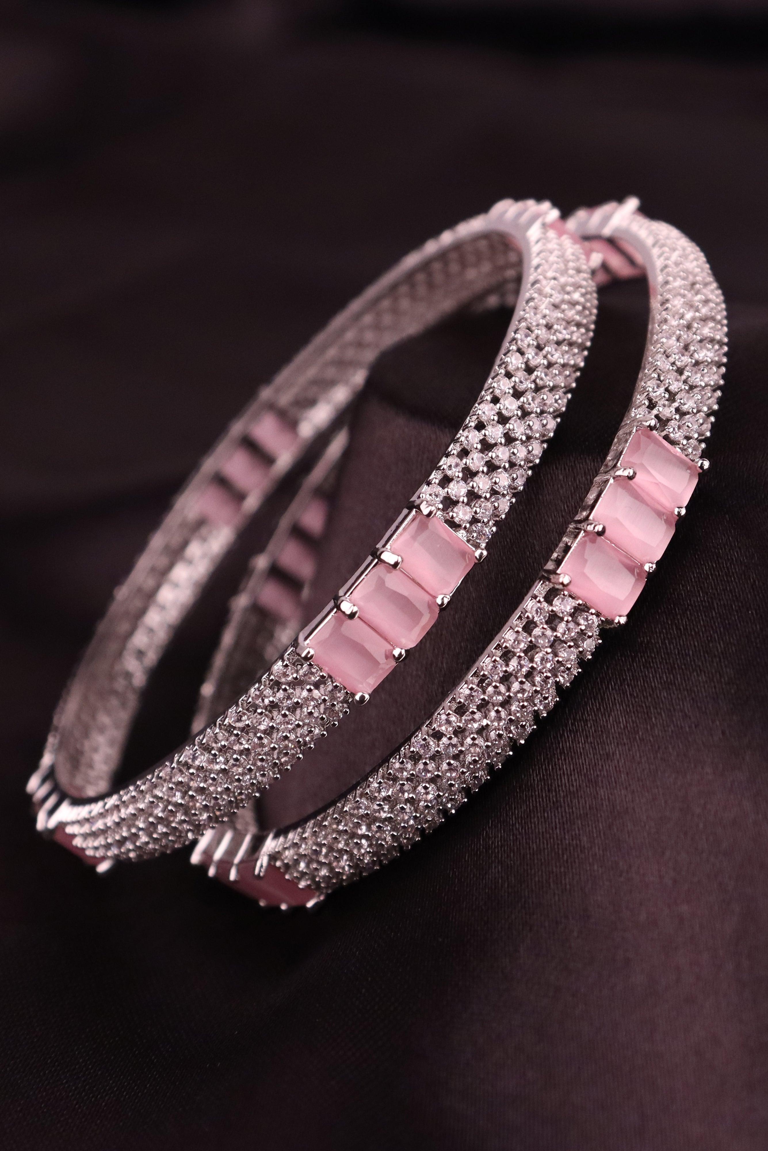 PINK STONE STUDDED AMERICAN DIAMOND BANGLES FOR WOMEN'S AND GIRLS - SET OF 2 GRABO365